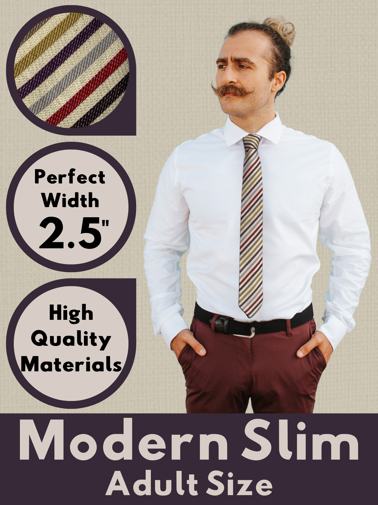 A graphic of a man in a beige, purple, gold, and red striped modern slim necktie that is 2.5 inches wide and made of cotton.