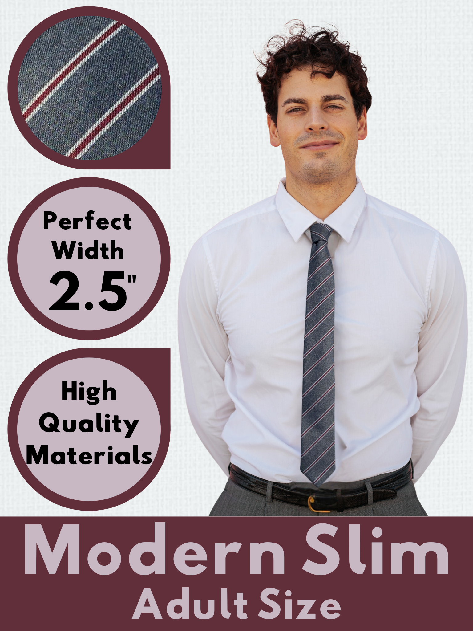 A graphic showing a man in a gray, red, and white striped modern slim necktie that is 2.5 inches wide and made of cotton.