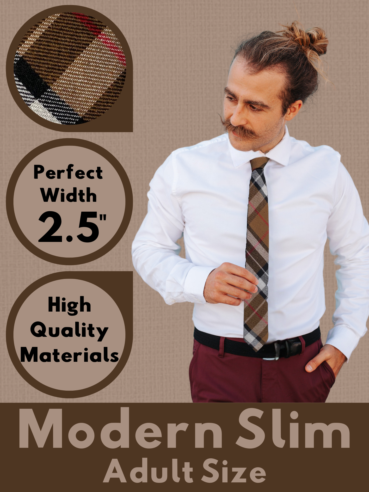 A graphic of a man in a brown, black, white, and red plaid modern slim necktie that is 2.5 inches wide and made of cotton.