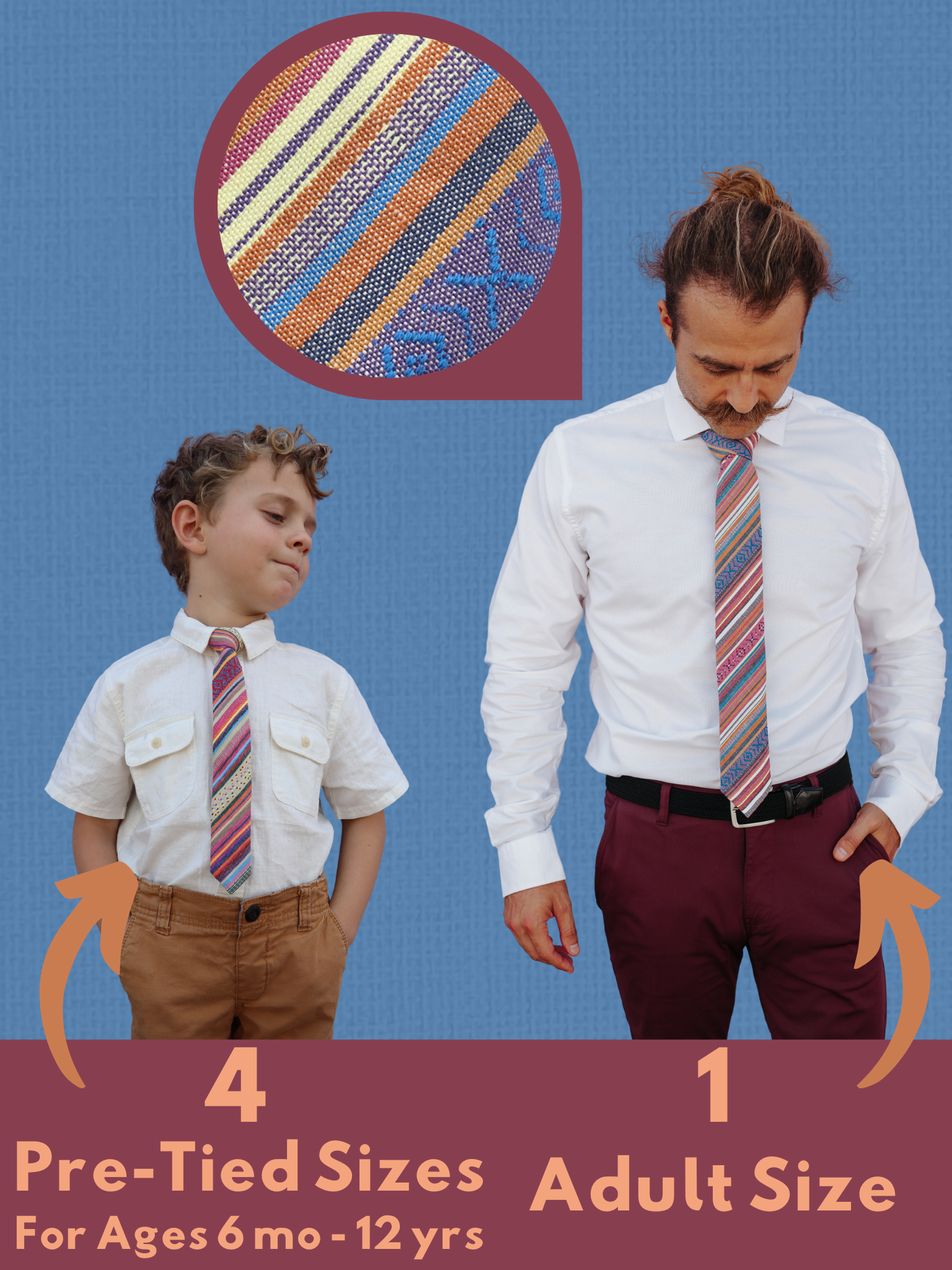 A graphic showing a man and a child in matching blue and orange striped ties that come in 5 sizes for the whole family.