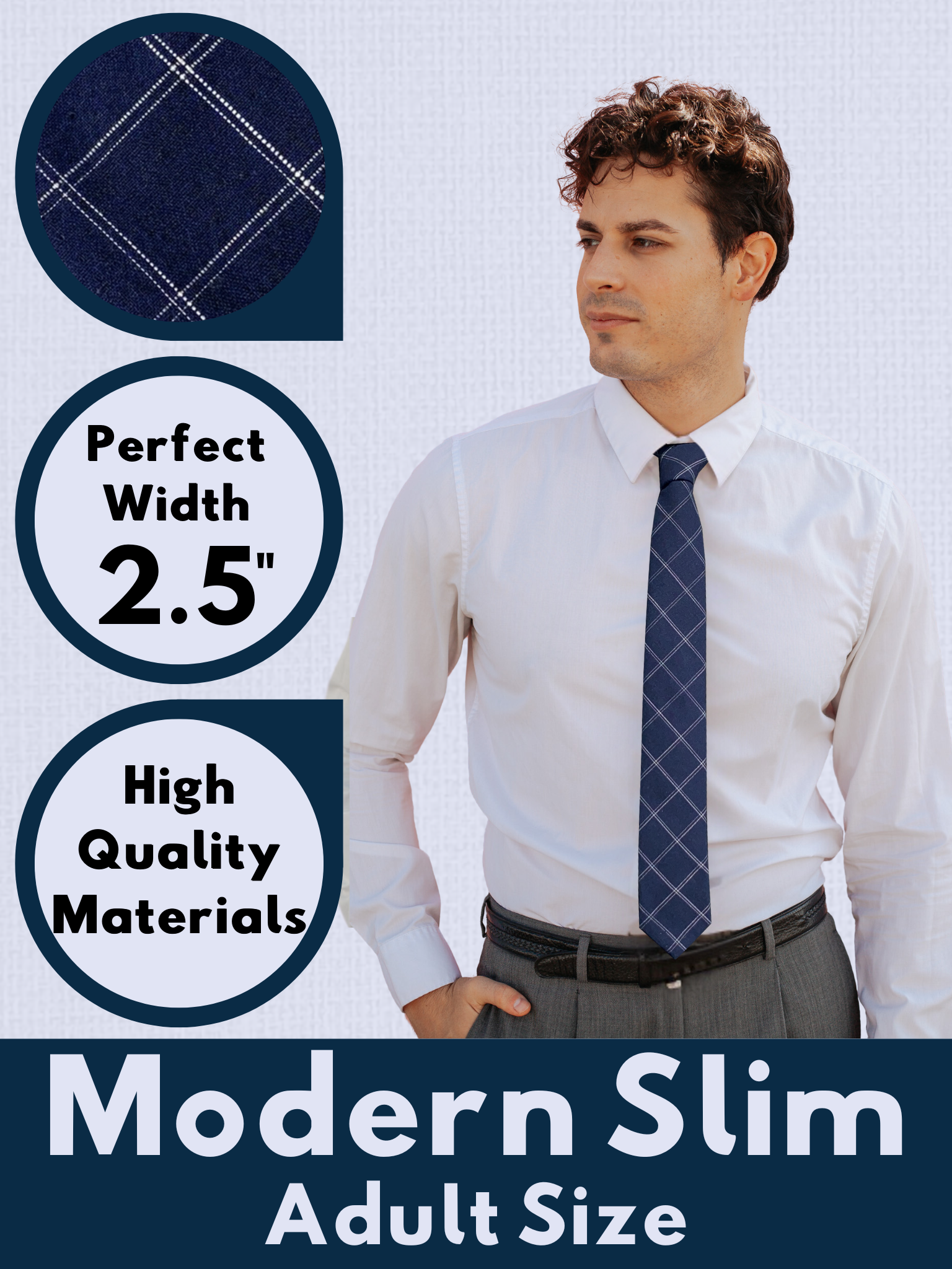 A graphic showing a man in a navy blue and white plaid modern slim necktie that is 2.5 inches wide and made of cotton.