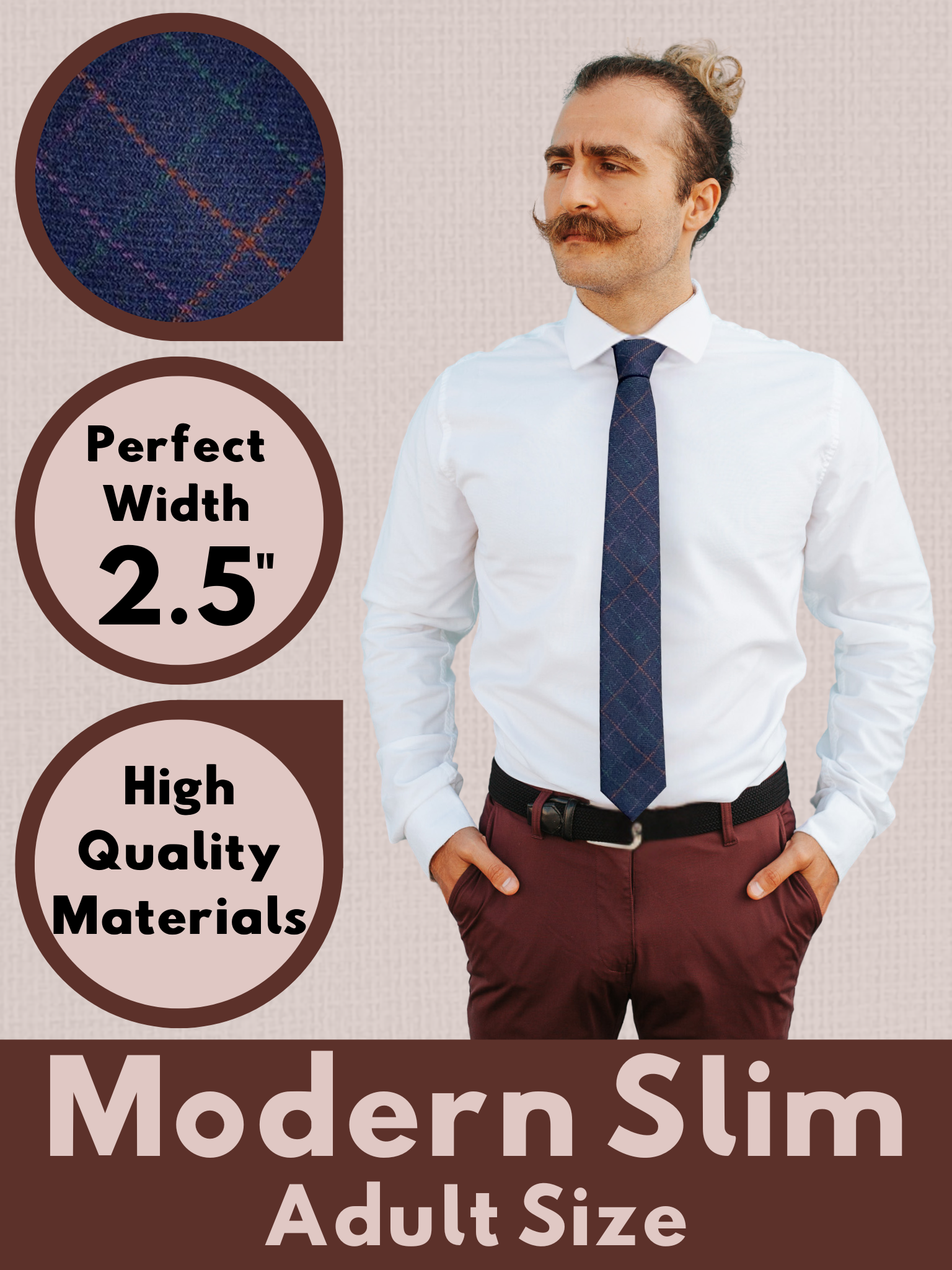 A graphic of a man in a navy, red, green, and purple plaid modern slim necktie that is 2.5 inches wide and made of cotton.