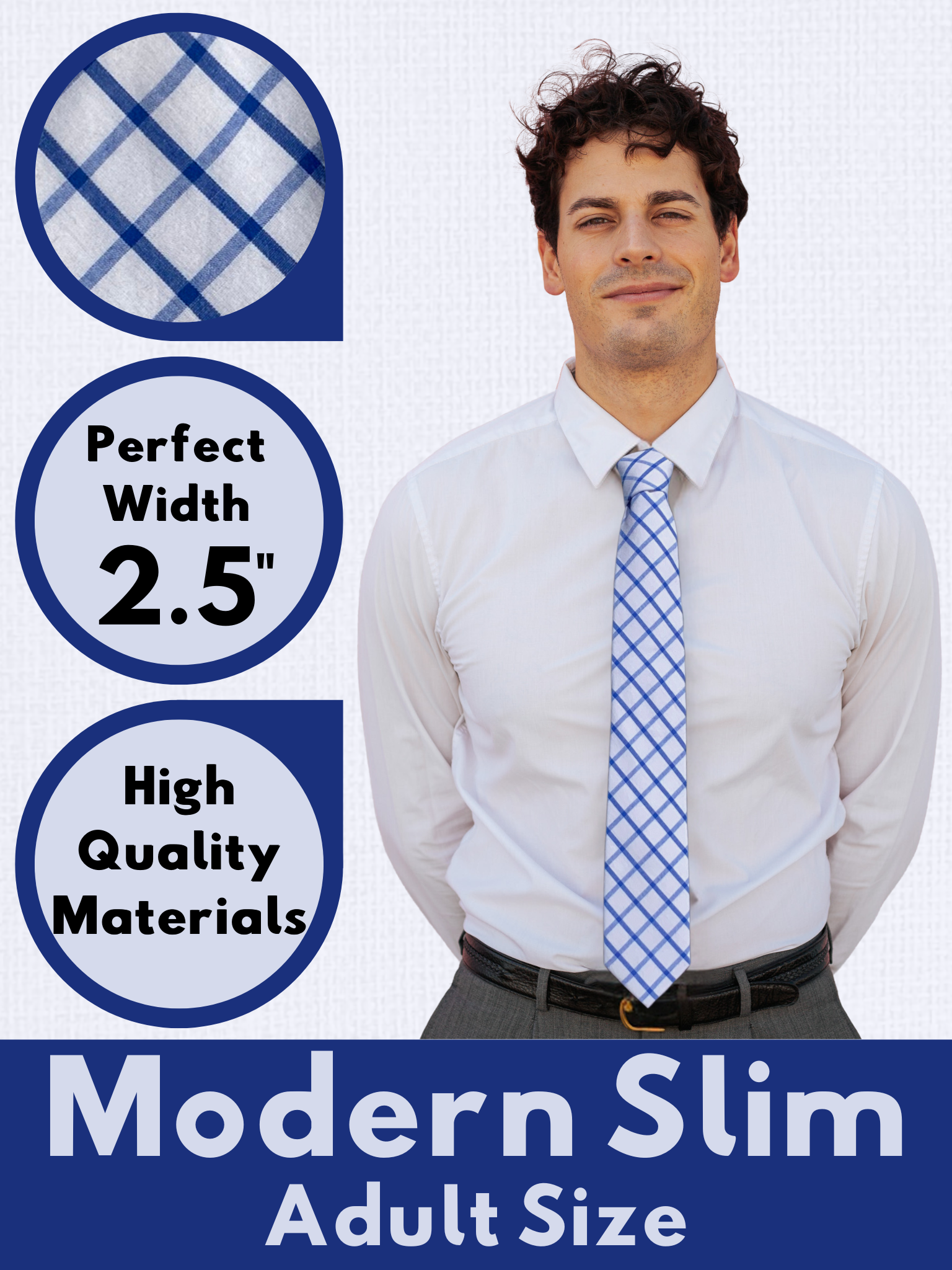 A graphic showing a man in a white and blue plaid modern slim necktie that is 2.5 inches wide and made of cotton.