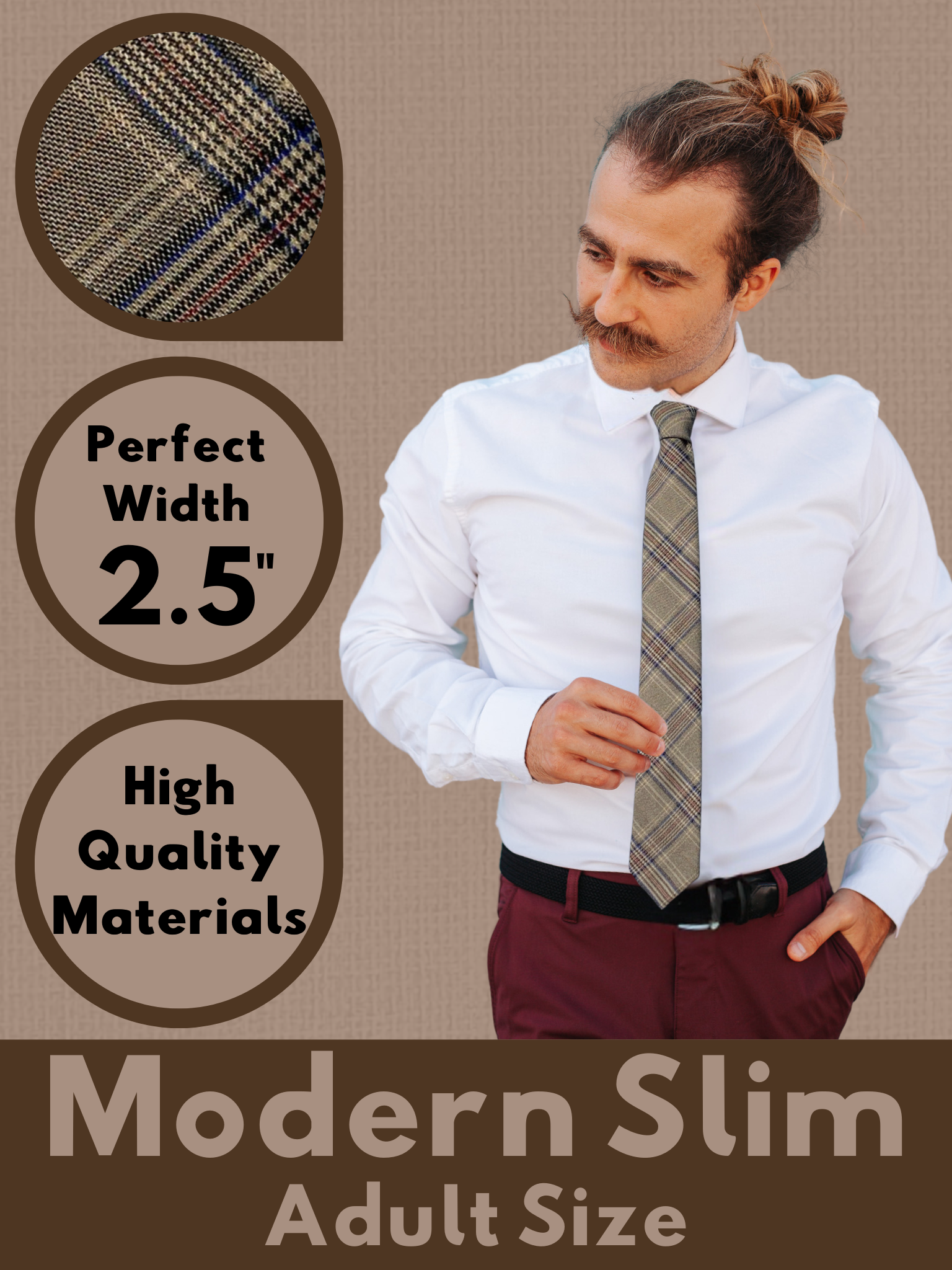 A graphic showing a man in a brown and tan plaid modern slim necktie that is 2.5 inches wide and made of cotton.