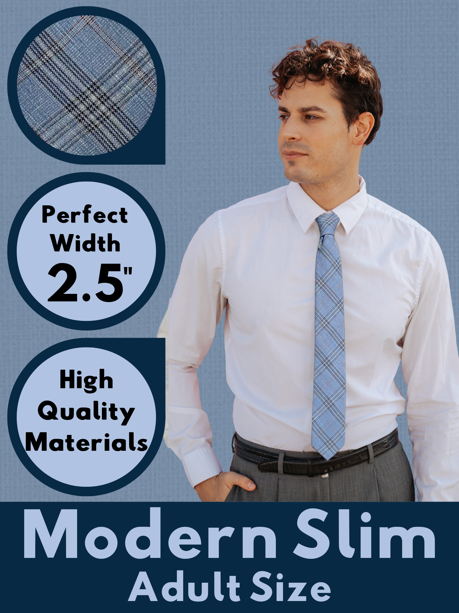 A graphic showing a man in a light blue and navy plaid modern slim necktie that is 2.5 inches wide and made of cotton.