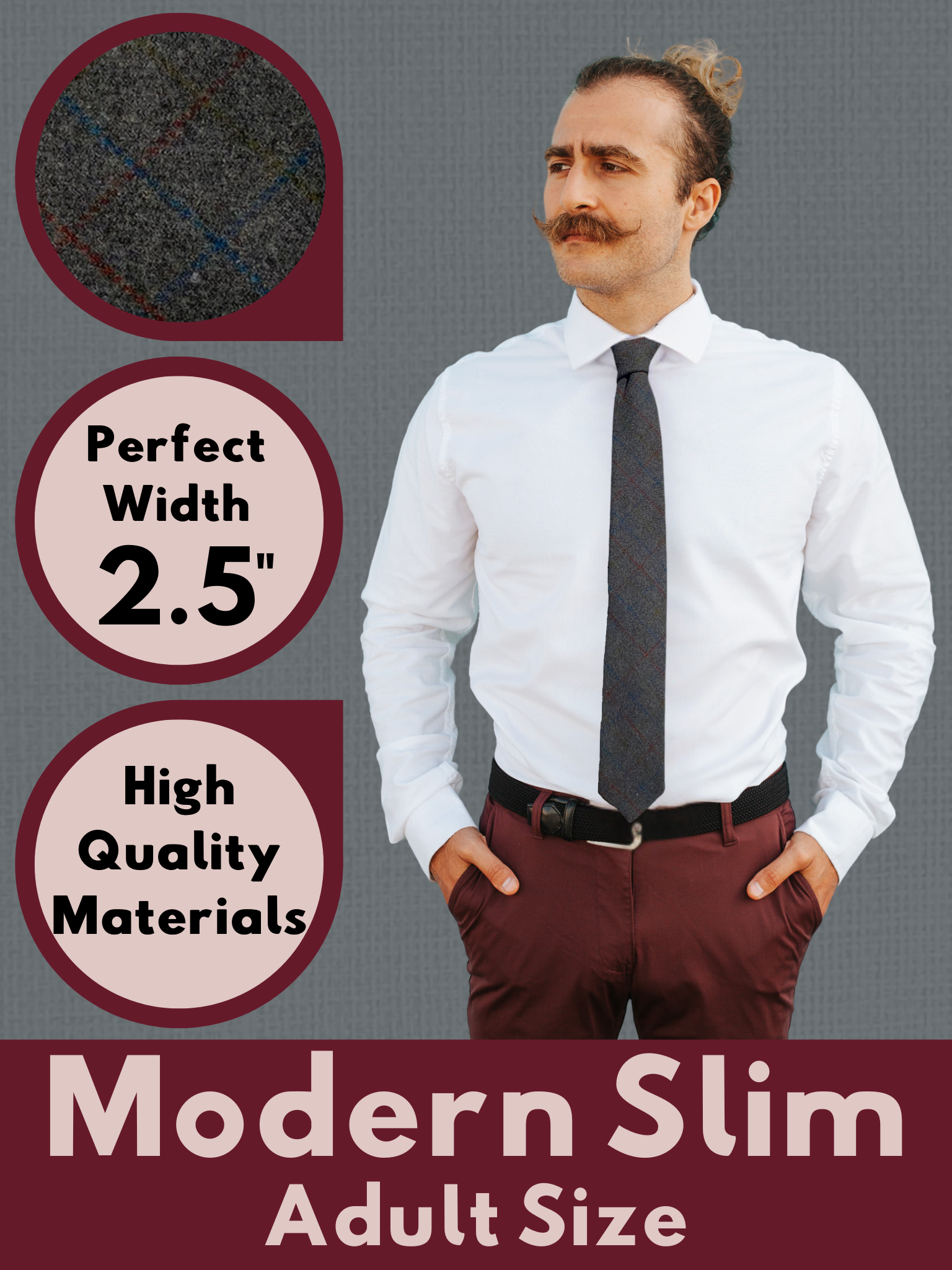 A graphic showing a man in a dark gray, blue, and red plaid modern slim necktie that is 2.5 inches wide and made of cotton.