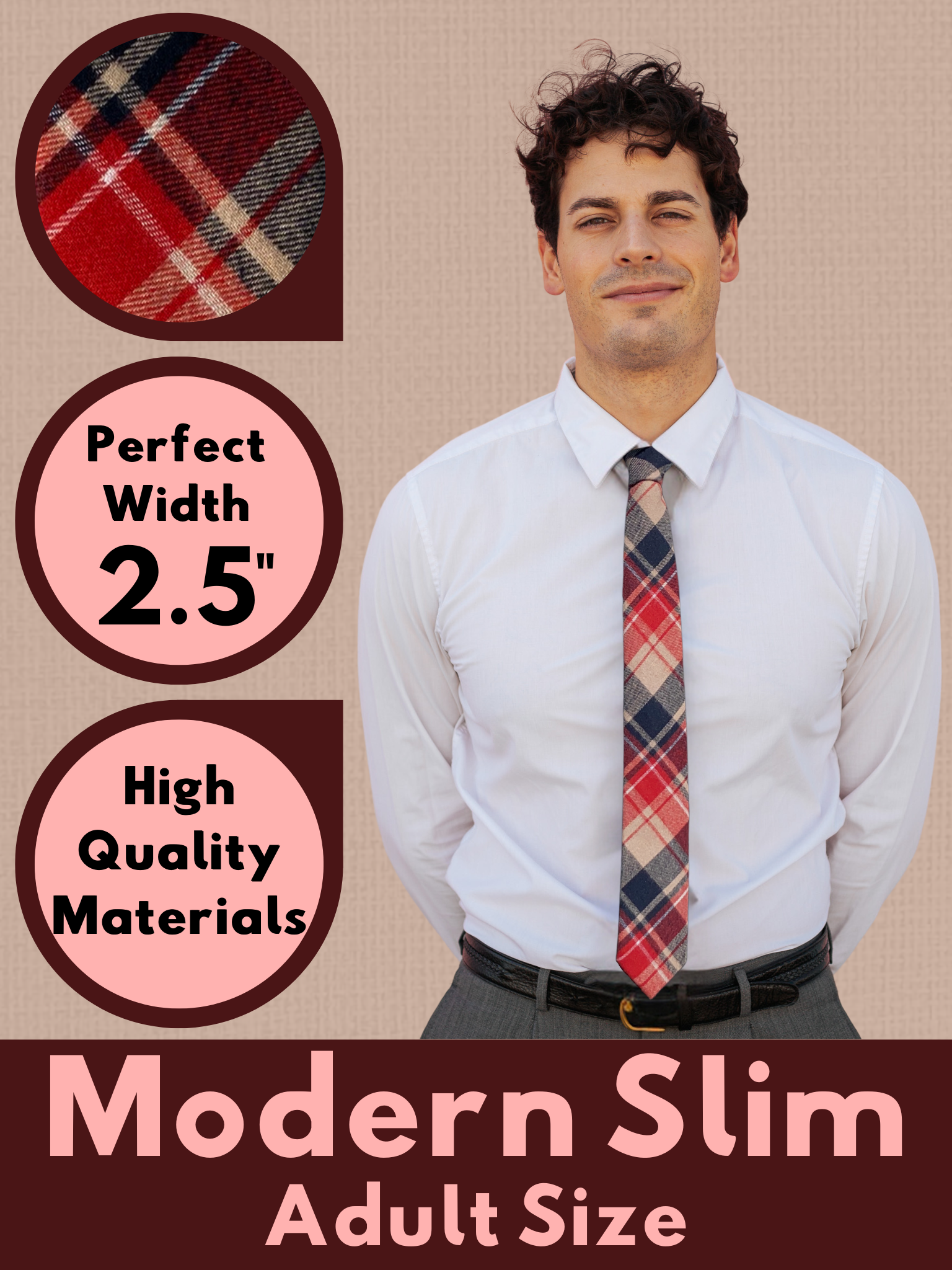 A graphic showing a man in a red, tan, and navy blue plaid modern slim necktie that is 2.5 inches wide and made of cotton.