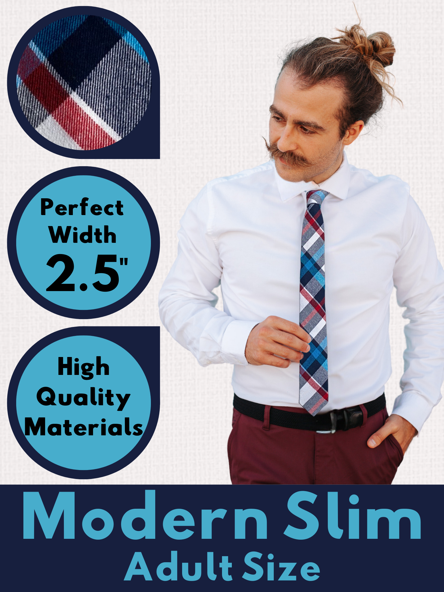 A graphic of a man in a navy, turquoise, white, and red plaid modern slim necktie that is 2.5 inches wide and made of cotton.