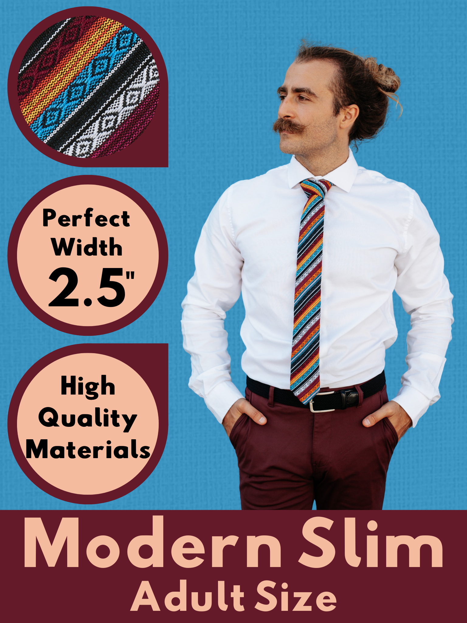 A graphic showing a man in a red, orange, and blue striped modern slim tie that is 2.5 inches wide and made of cotton.