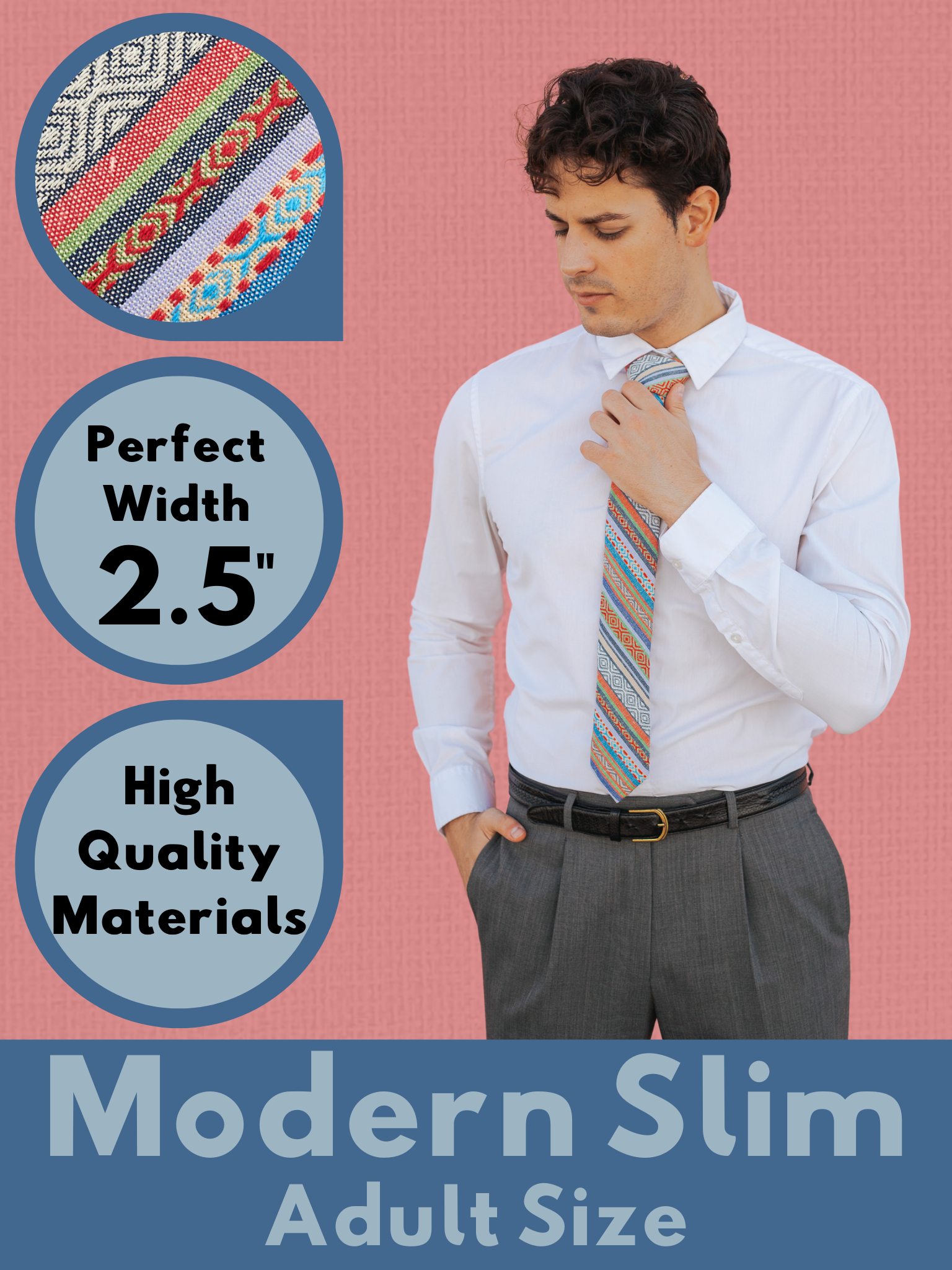 A graphic showing a man in a red, green, and blue striped modern slim tie that is 2.5 inches wide and made of cotton.