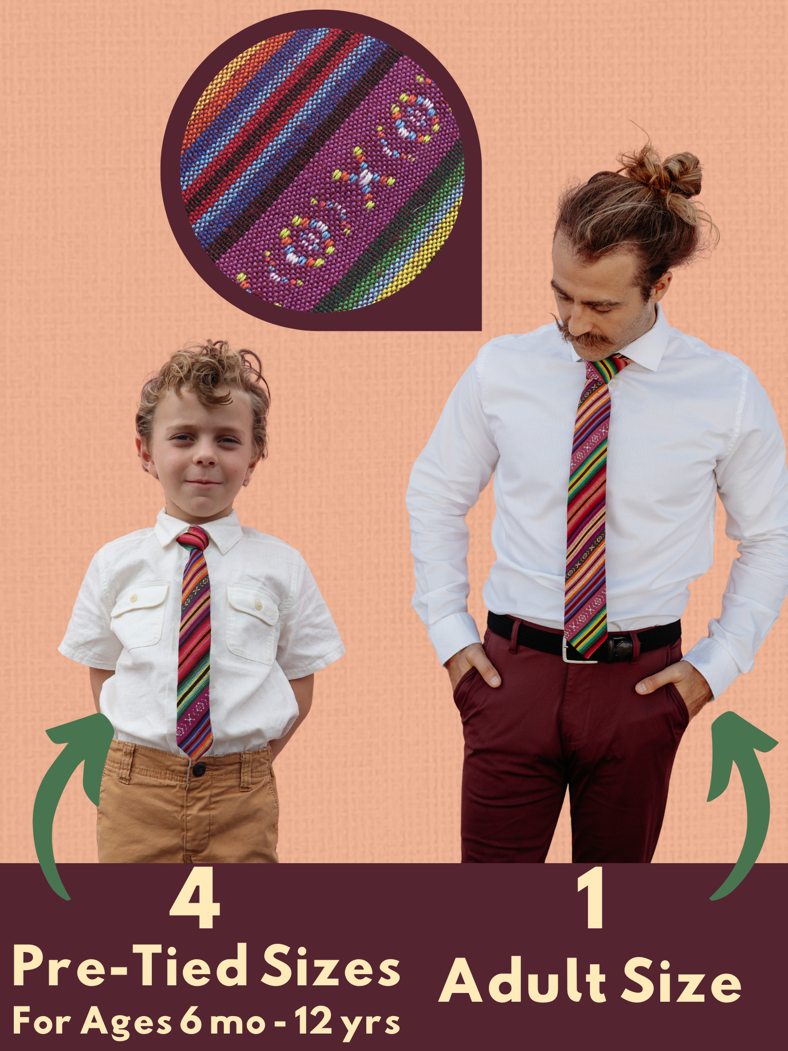 A graphic showing a man and a child in matching purple and green striped ties that come in 5 sizes for the whole family.