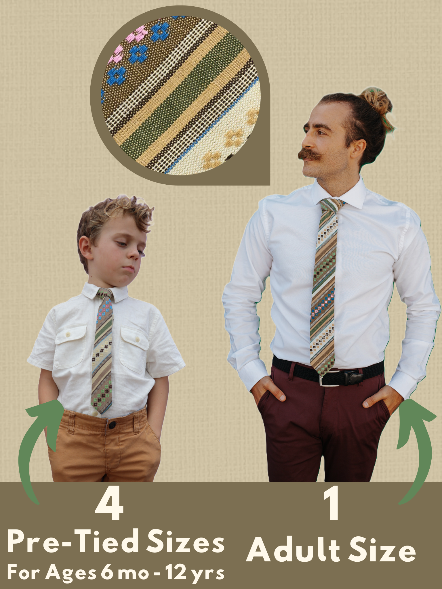 An image showing a man and a child in matching green, tan, and brown striped ties available in 5 sizes for the whole family.