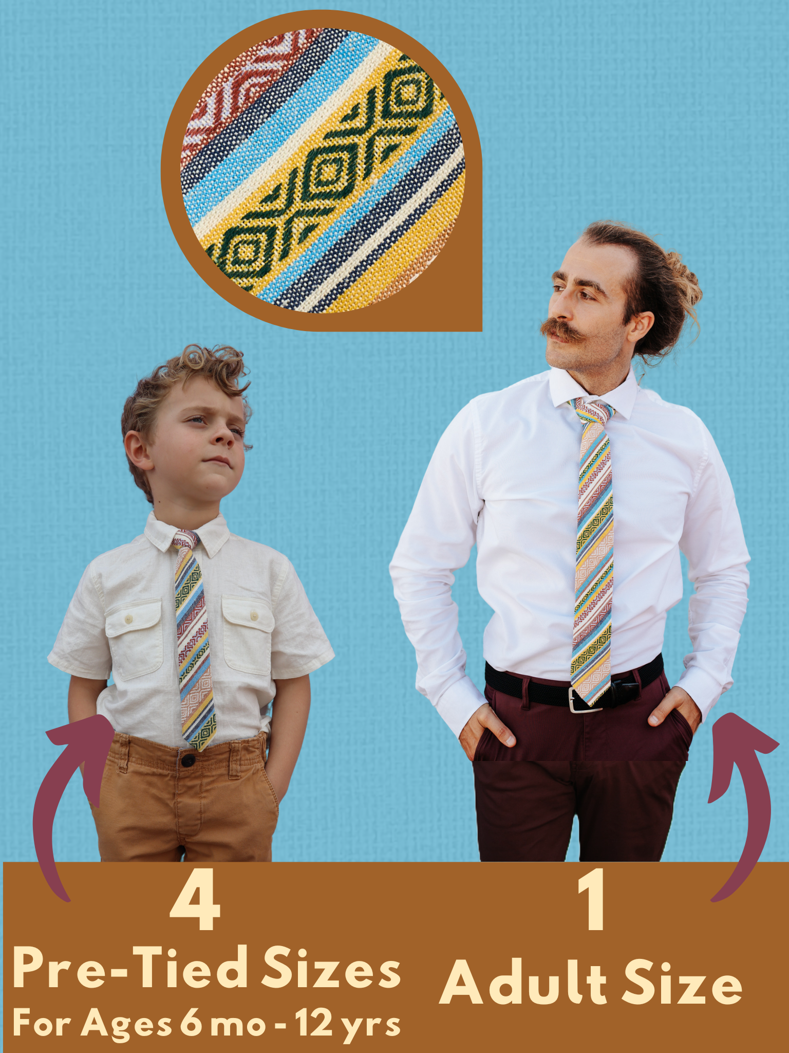 An image showing a man and a child in matching yellow and blue striped ties available in 5 sizes for the whole family.