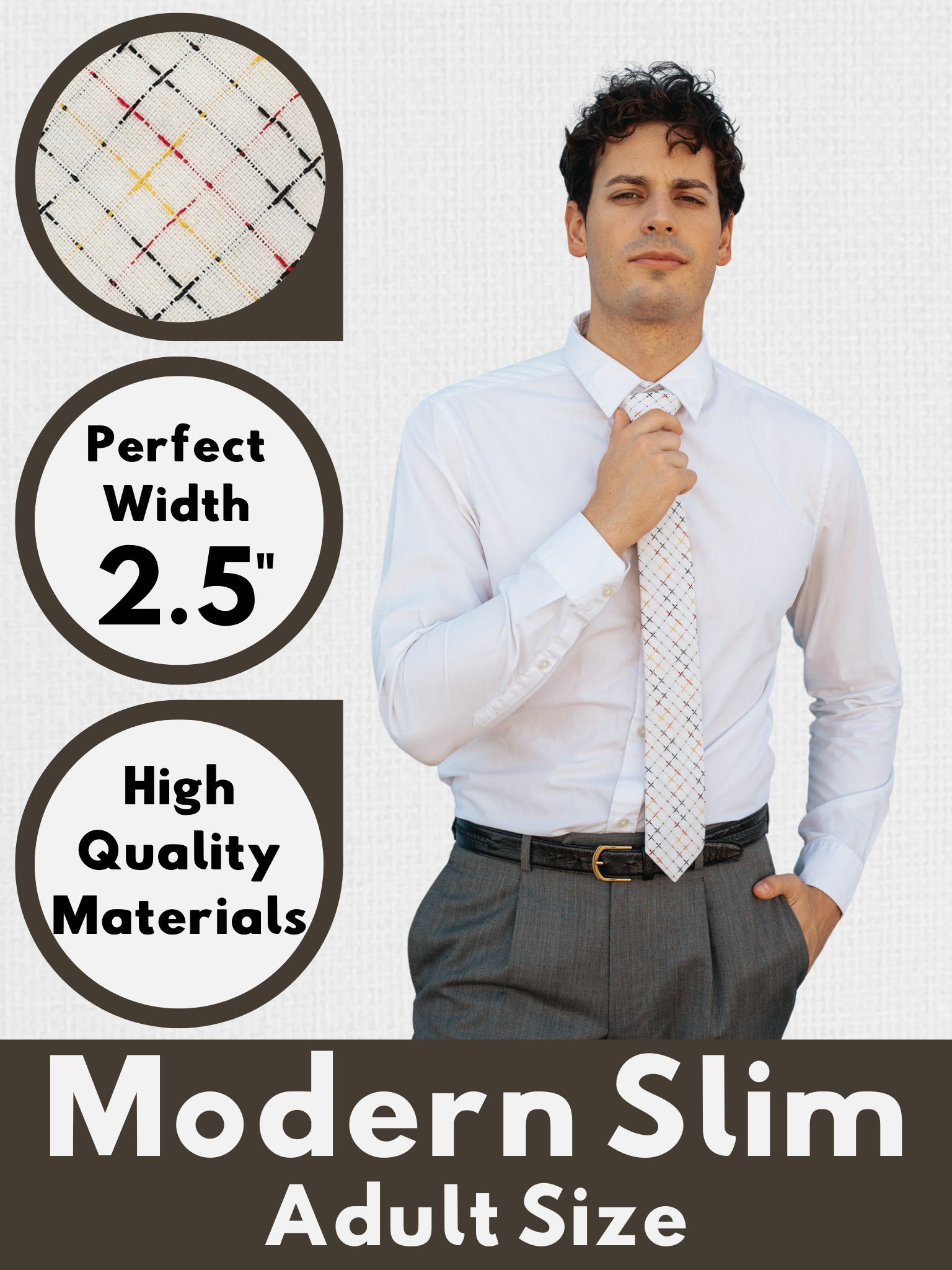 A graphic showing a man in a white, black, and red striped modern slim tie that is 2.5 inches wide and made of cotton.