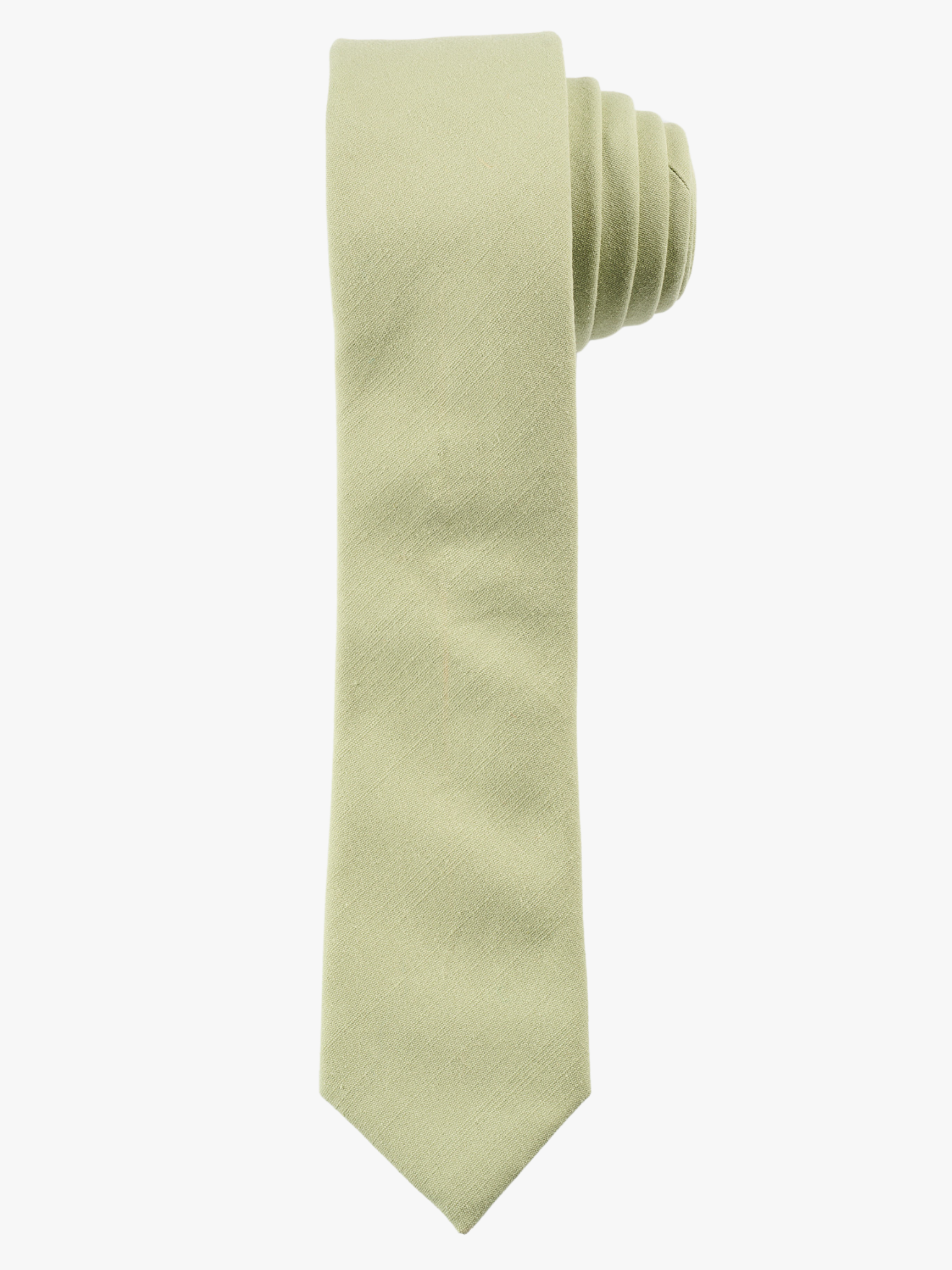 A rolled up sage green solid-colored cotton necktie for teens, missionaries, men, and women.