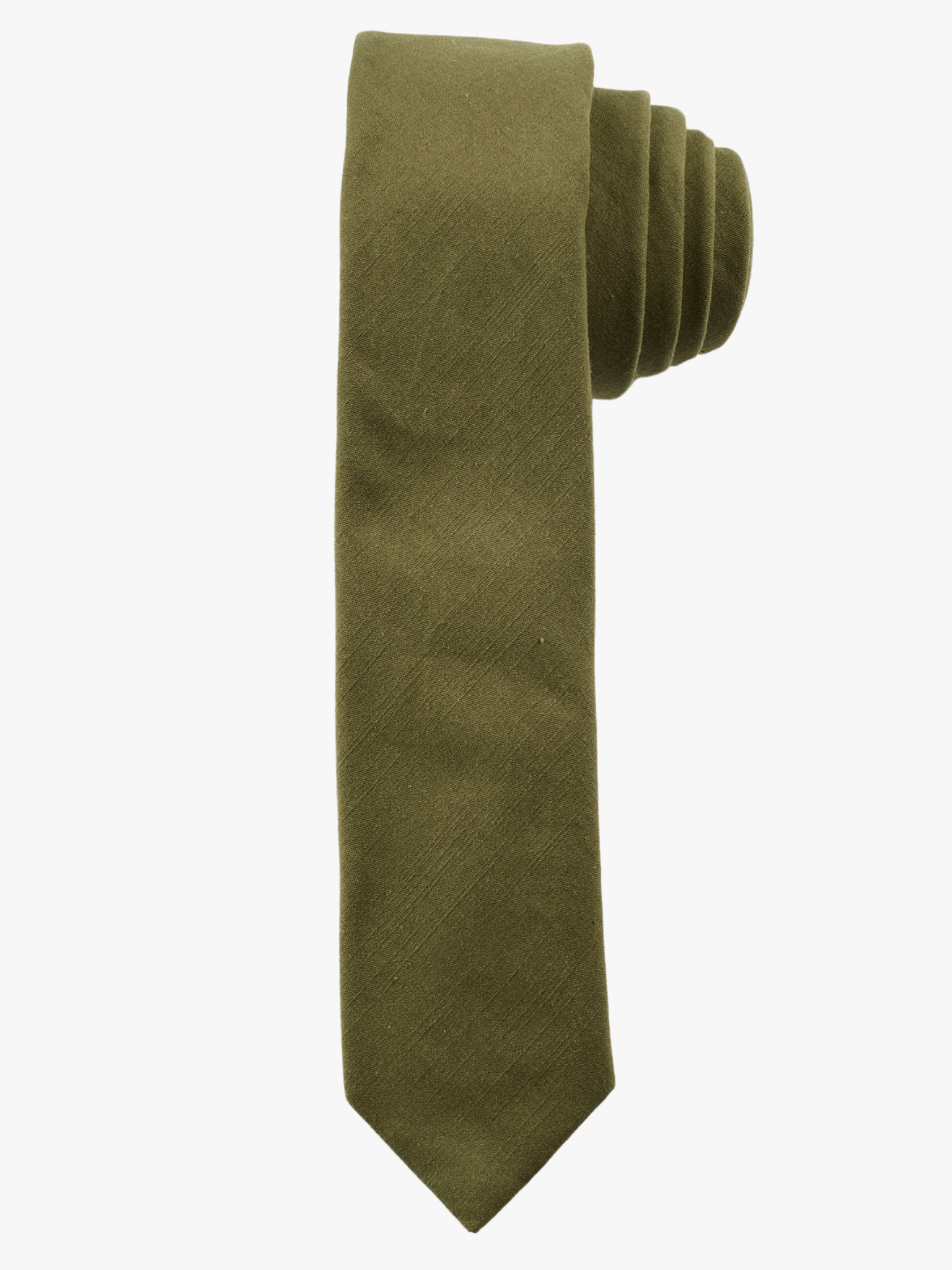 A rolled up military moss green solid-colored cotton necktie for teens, missionaries, men, and women.