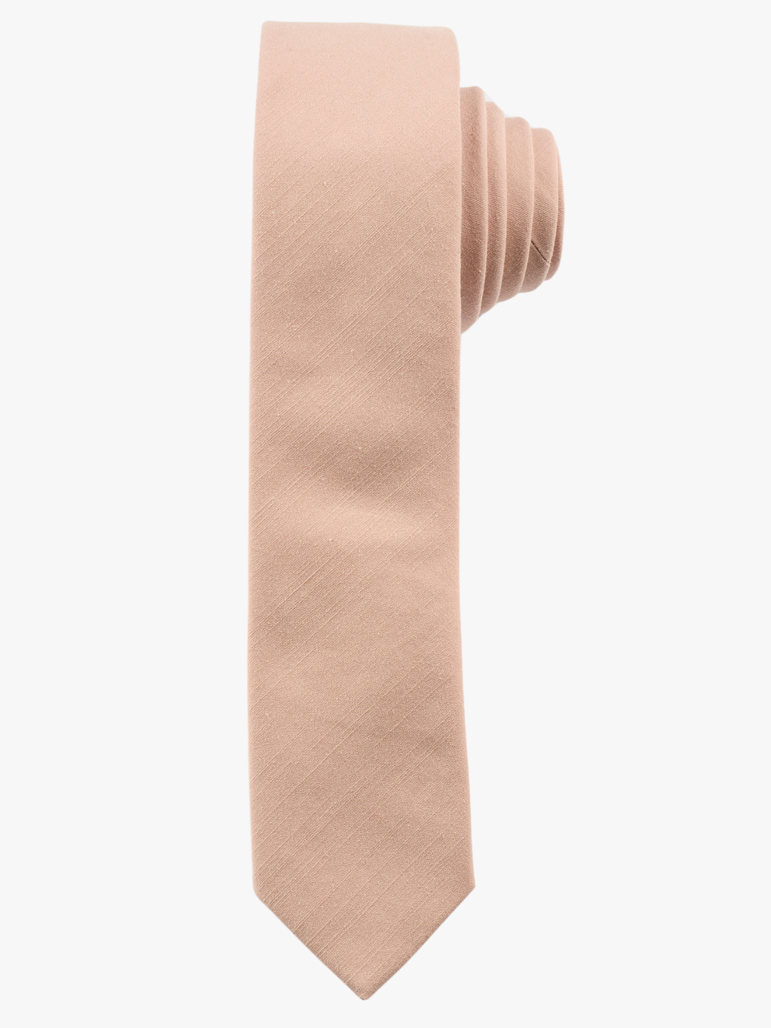 A rolled up neutral pink taupe solid-colored cotton necktie for teens, missionaries, men, and women.