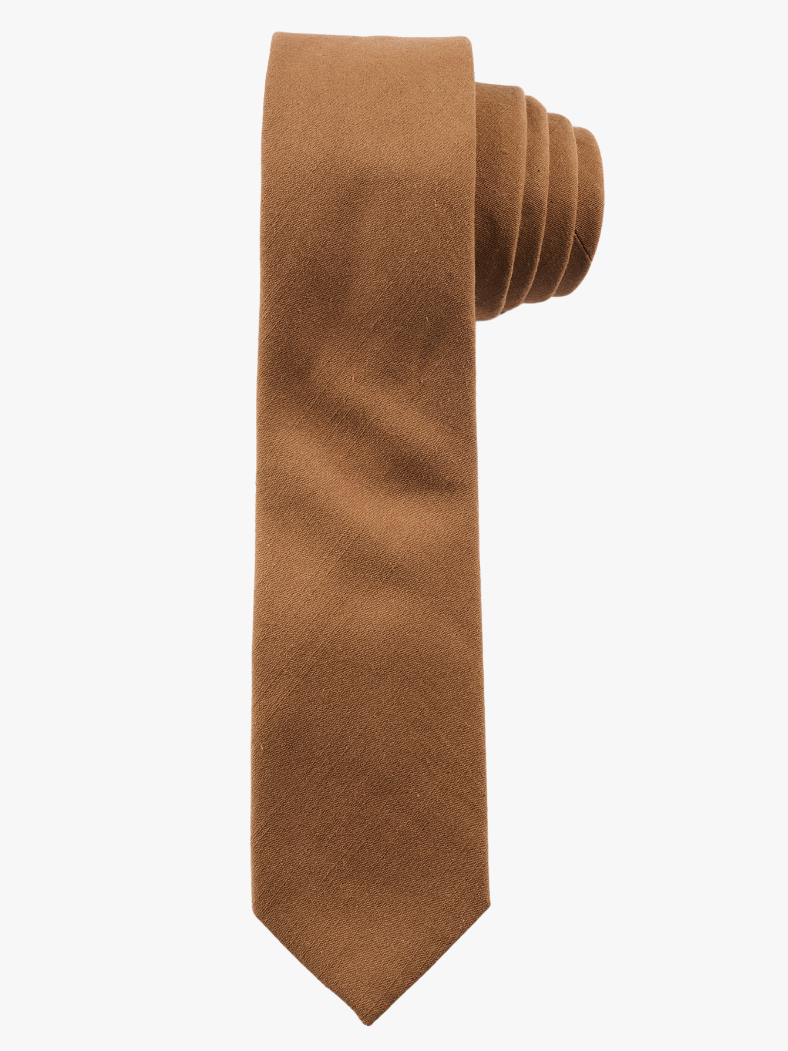 A rolled up light taupe brown solid-colored cotton necktie for teens, missionaries, men, and women.