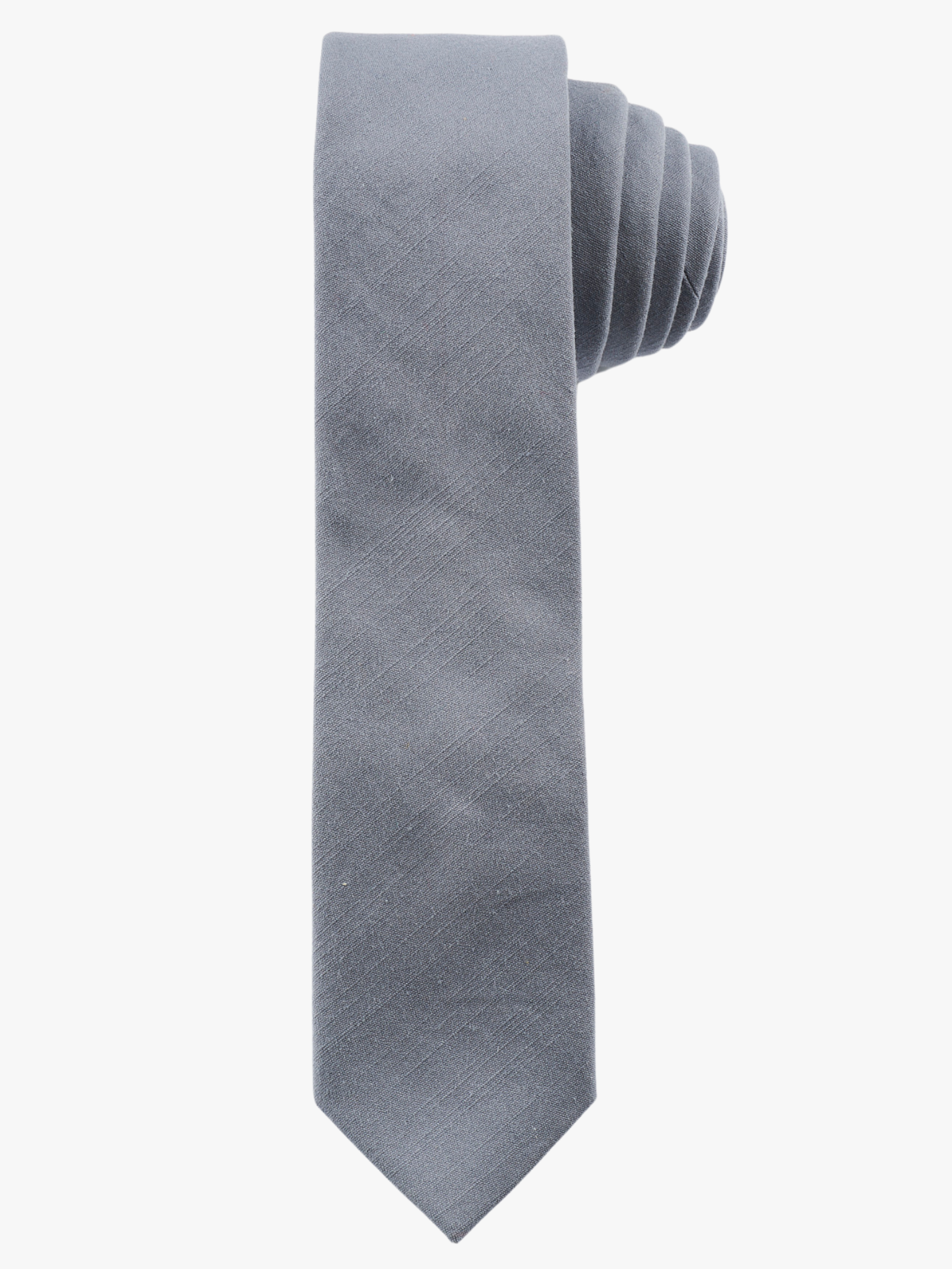 A rolled up light gray-blue solid-colored cotton necktie for teens, missionaries, men, and women.