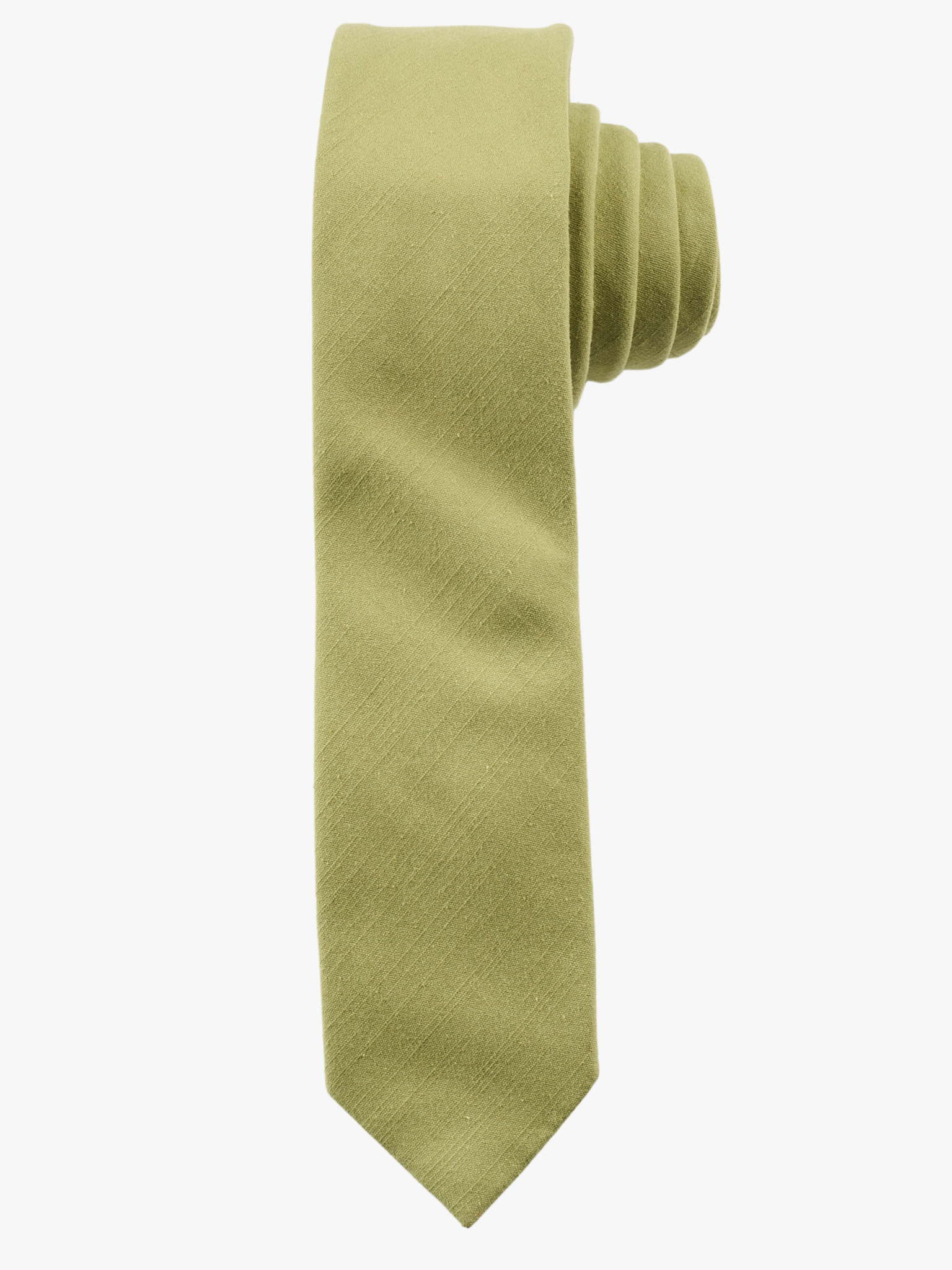 A rolled up light green solid-colored cotton necktie for teens, missionaries, men, and women.