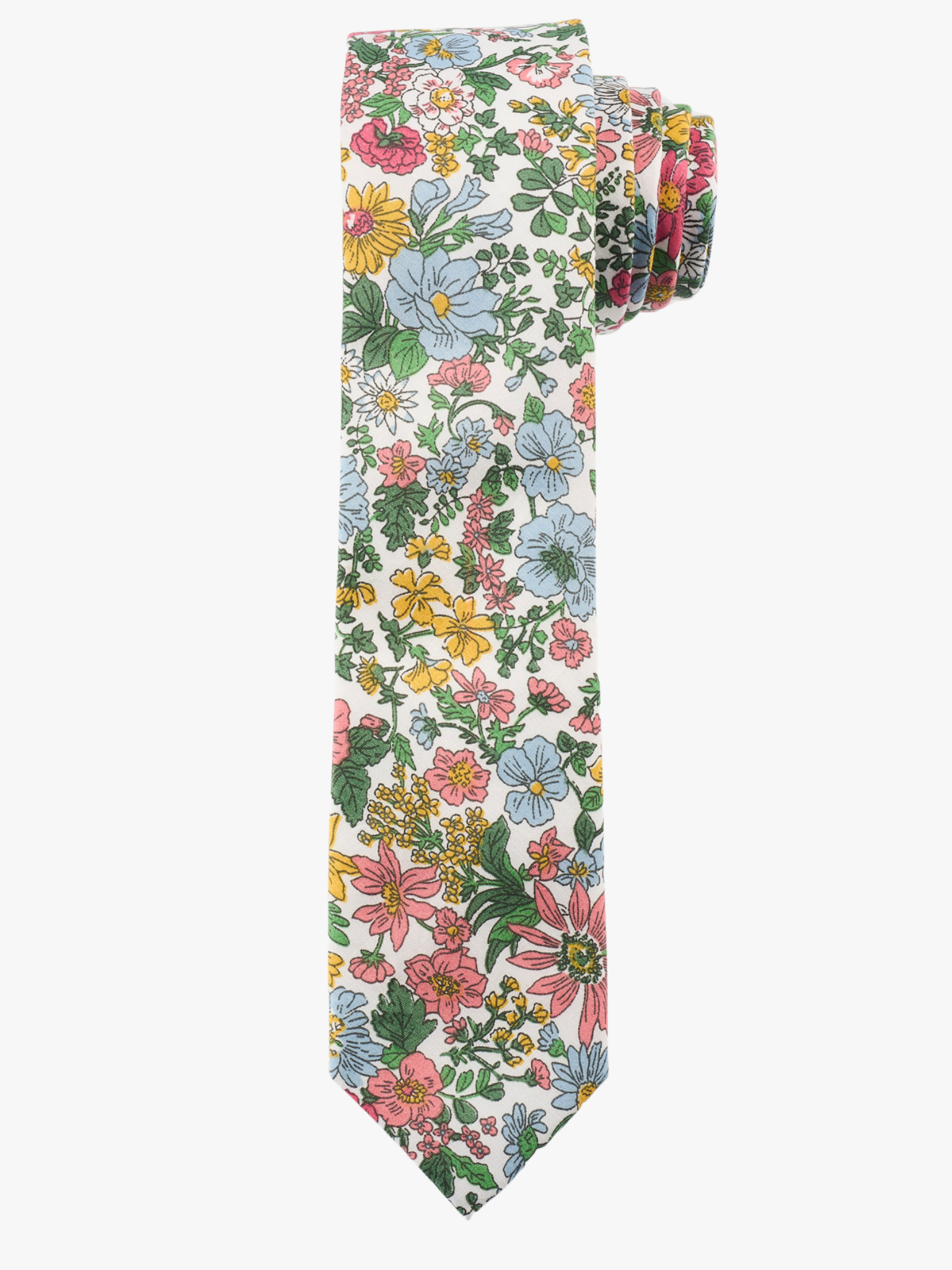 A rolled up blue, pink, and green floral cotton necktie for teens, missionaries, men, and women.