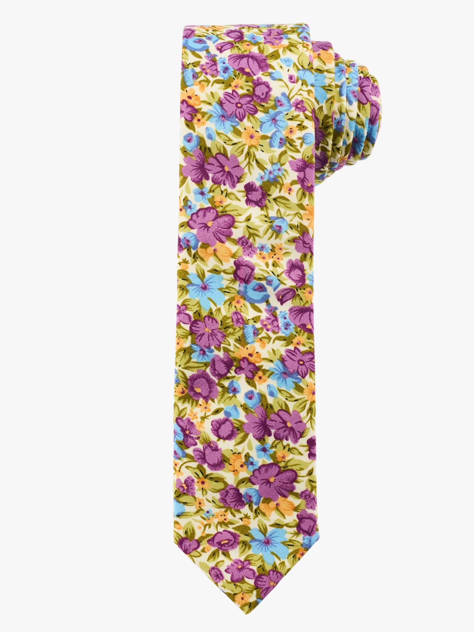 A rolled up purple, green and blue floral cotton necktie for teens, missionaries, men, and women.