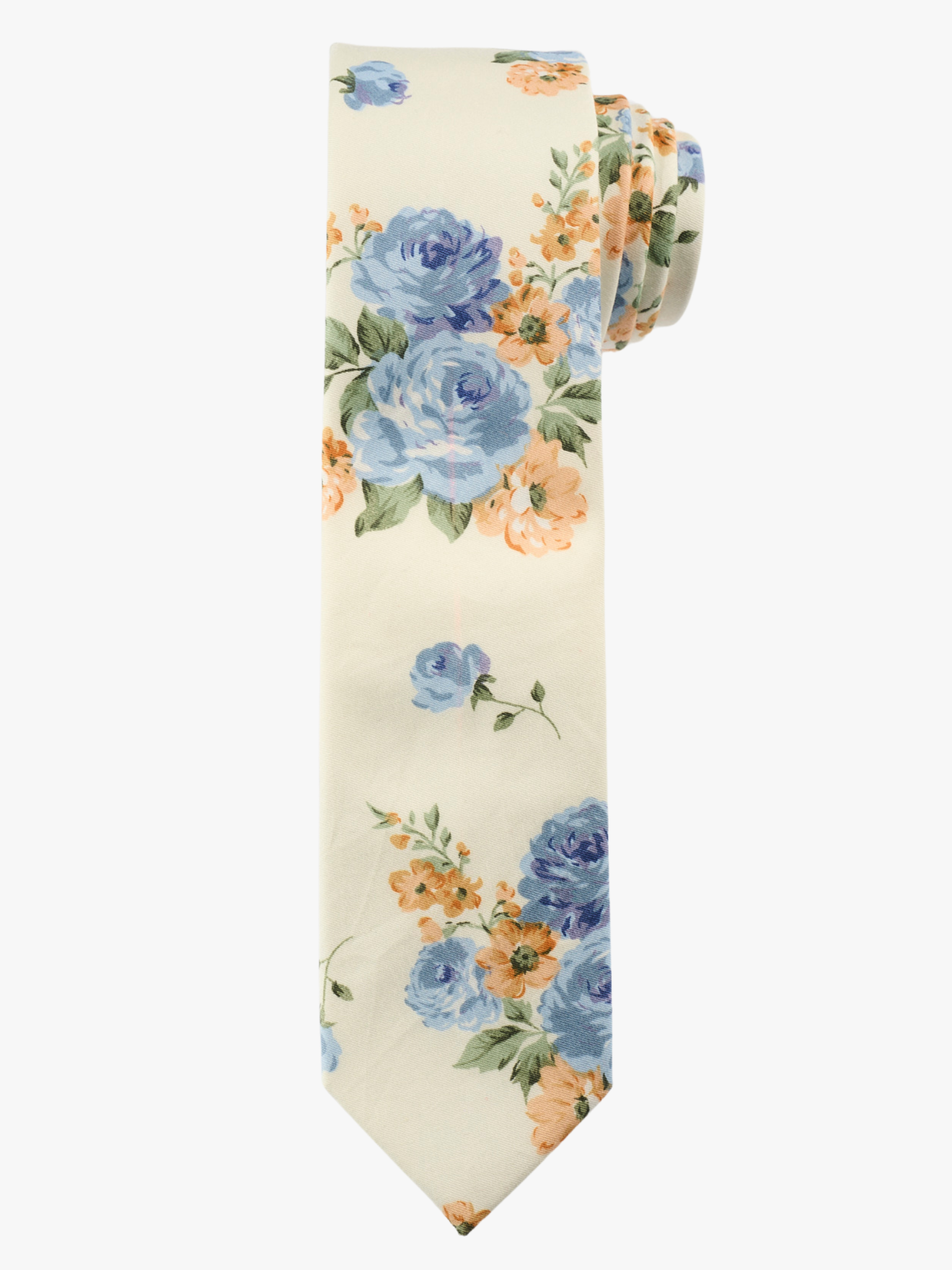 A rolled up beige and blue floral cotton necktie for teens, missionaries, men, and women.