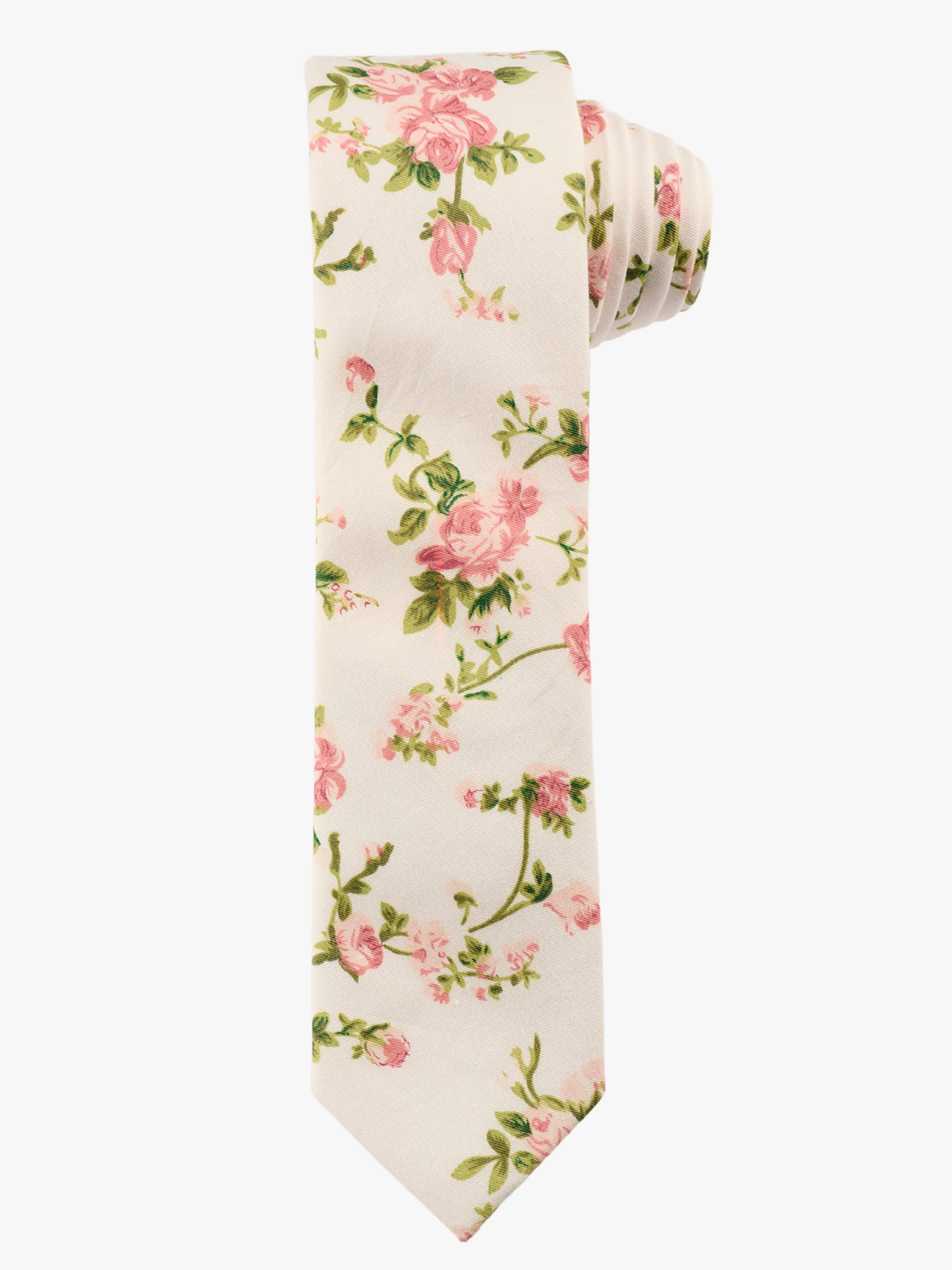 A rolled up beige and pink floral cotton necktie for teens, missionaries, men, and women.