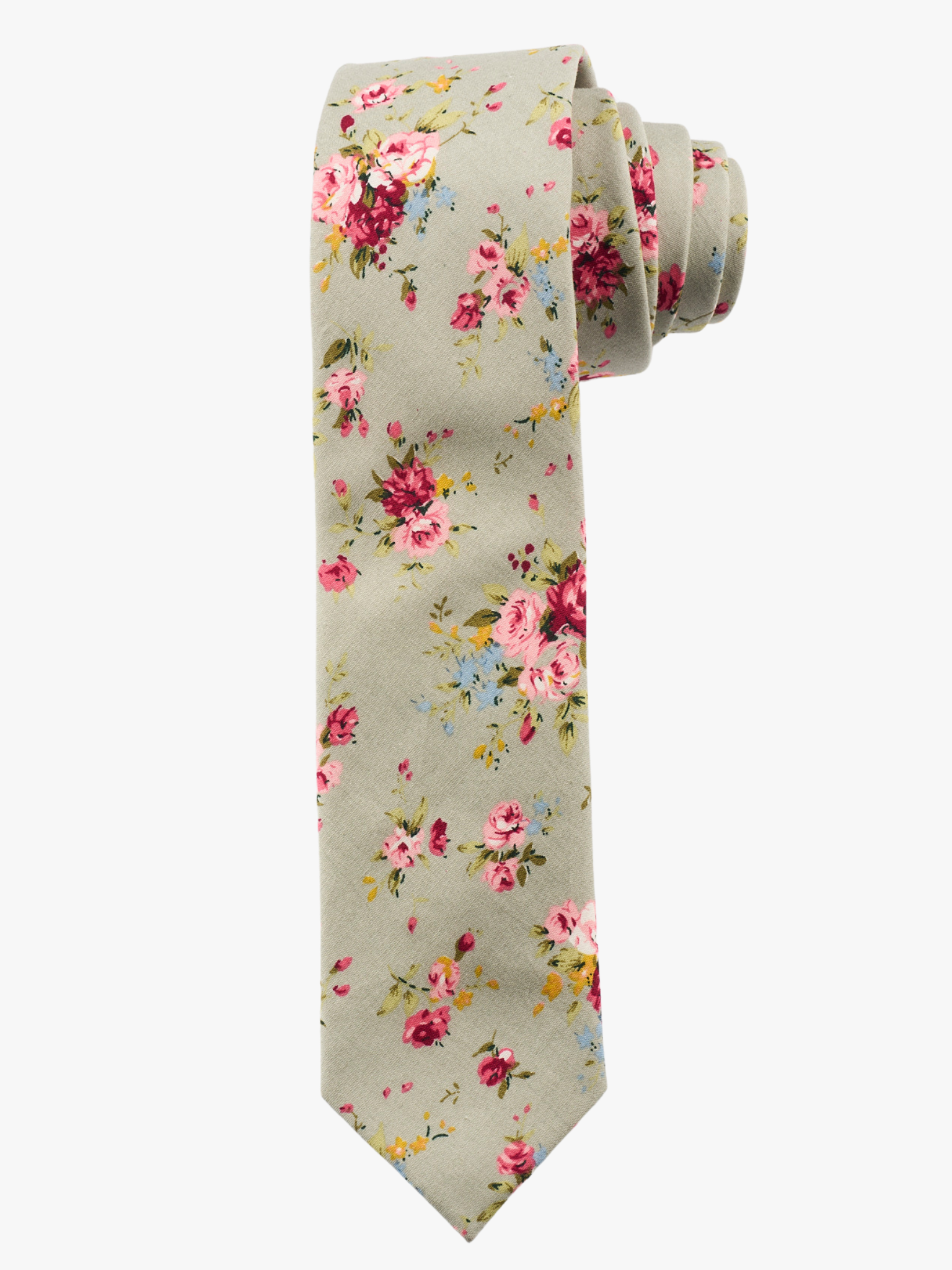 A rolled up beige and red floral cotton necktie for teens, missionaries, men, and women.