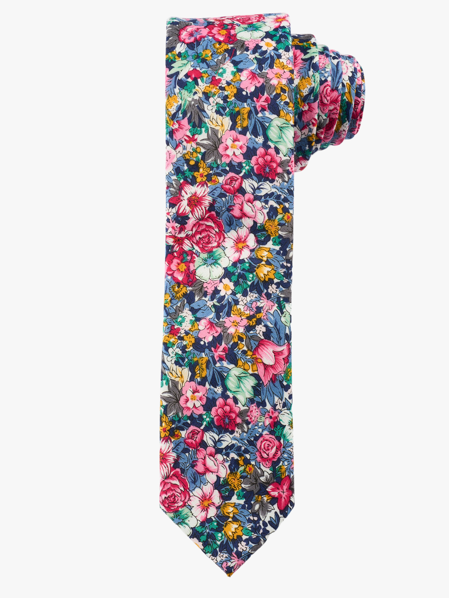 A rolled up blue and pink floral cotton necktie for teens, missionaries, men, and women.