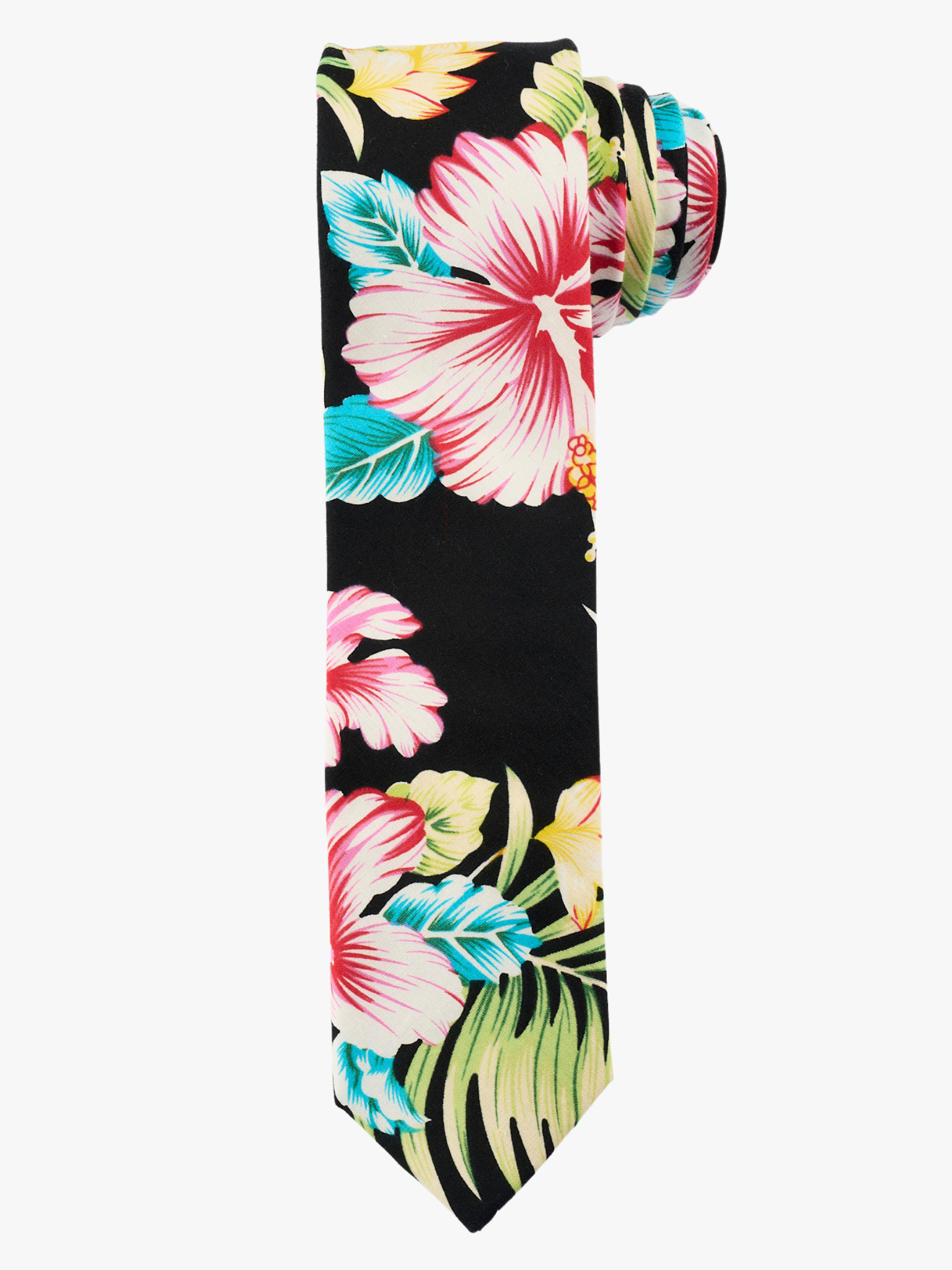 A rolled up black, green, and pink floral cotton necktie for teens, missionaries, men, and women.