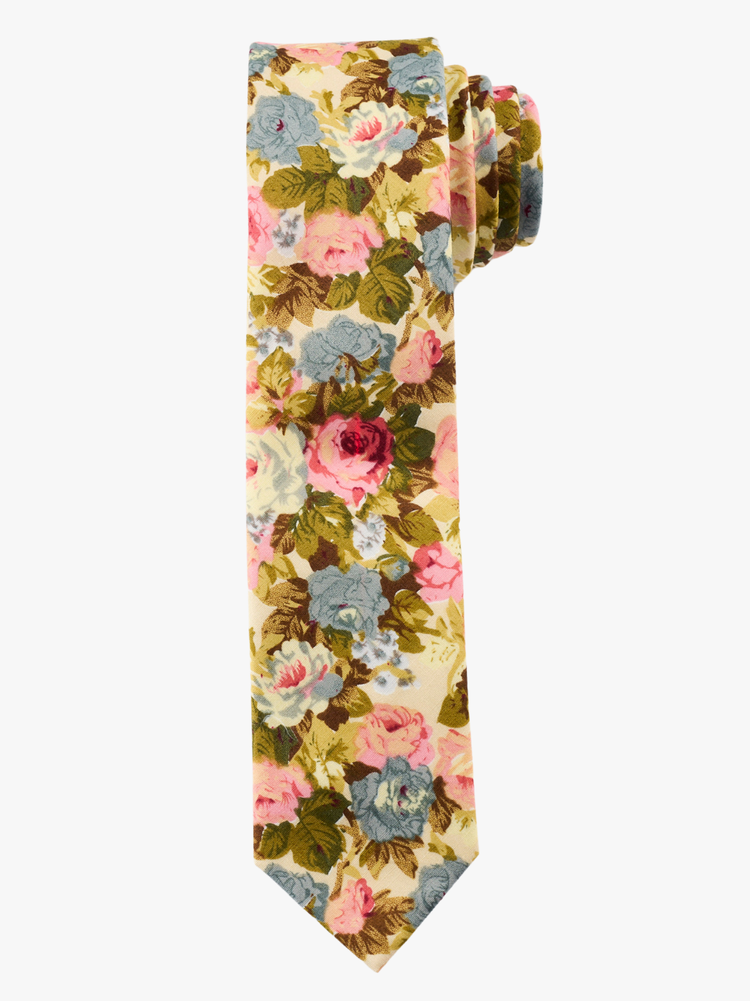 A rolled up cream, blue, and pink floral cotton necktie for teens, missionaries, men, and women.