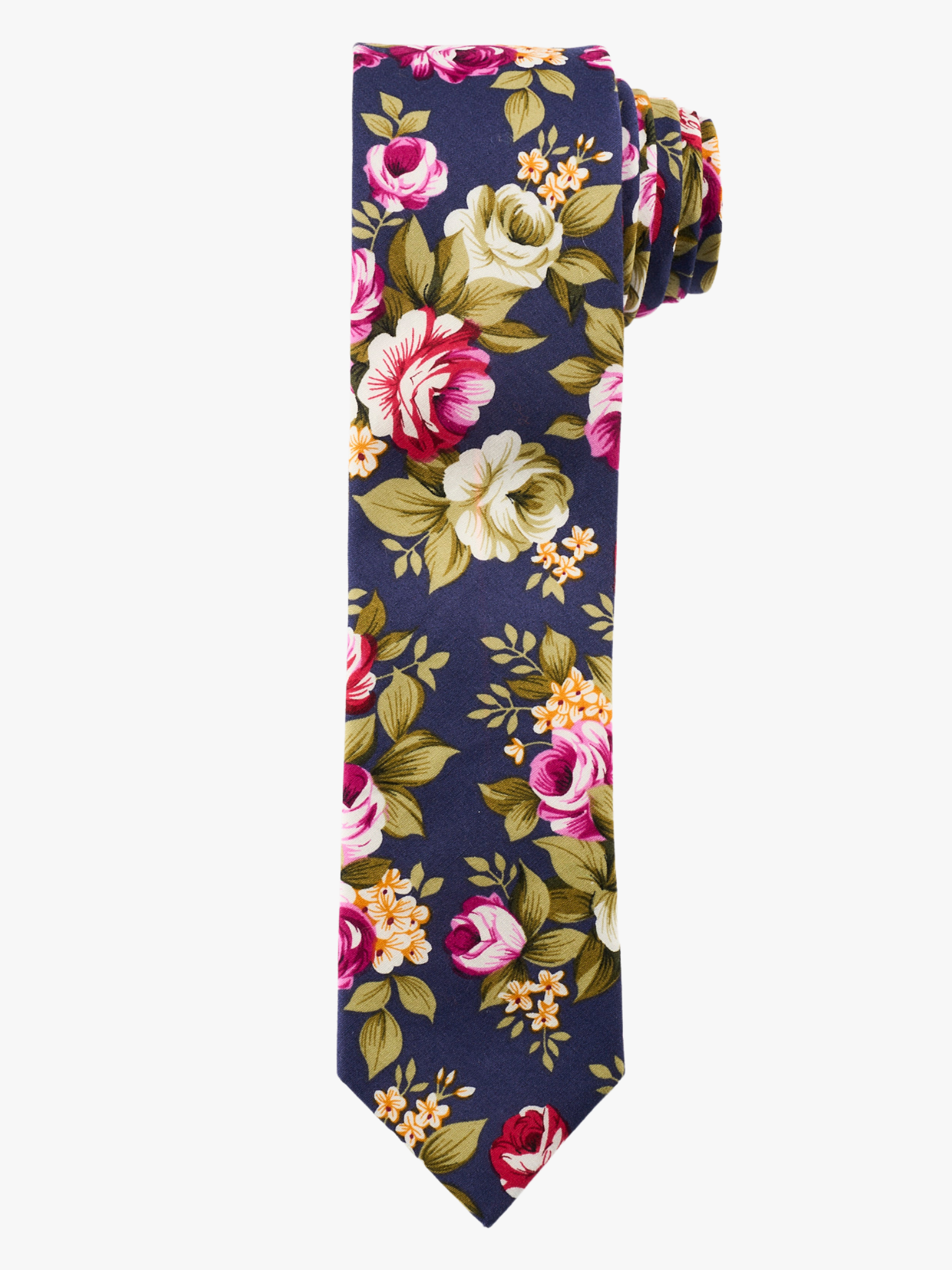 A rolled up navy and pink floral cotton necktie for teens, missionaries, men, and women.