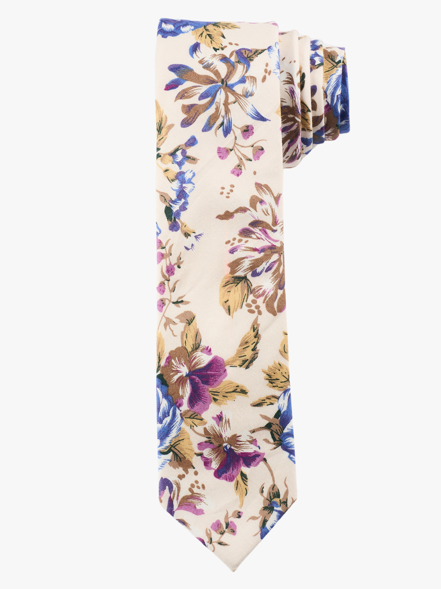 A rolled up beige, blue, and purple floral cotton necktie for teens, missionaries, men, and women.