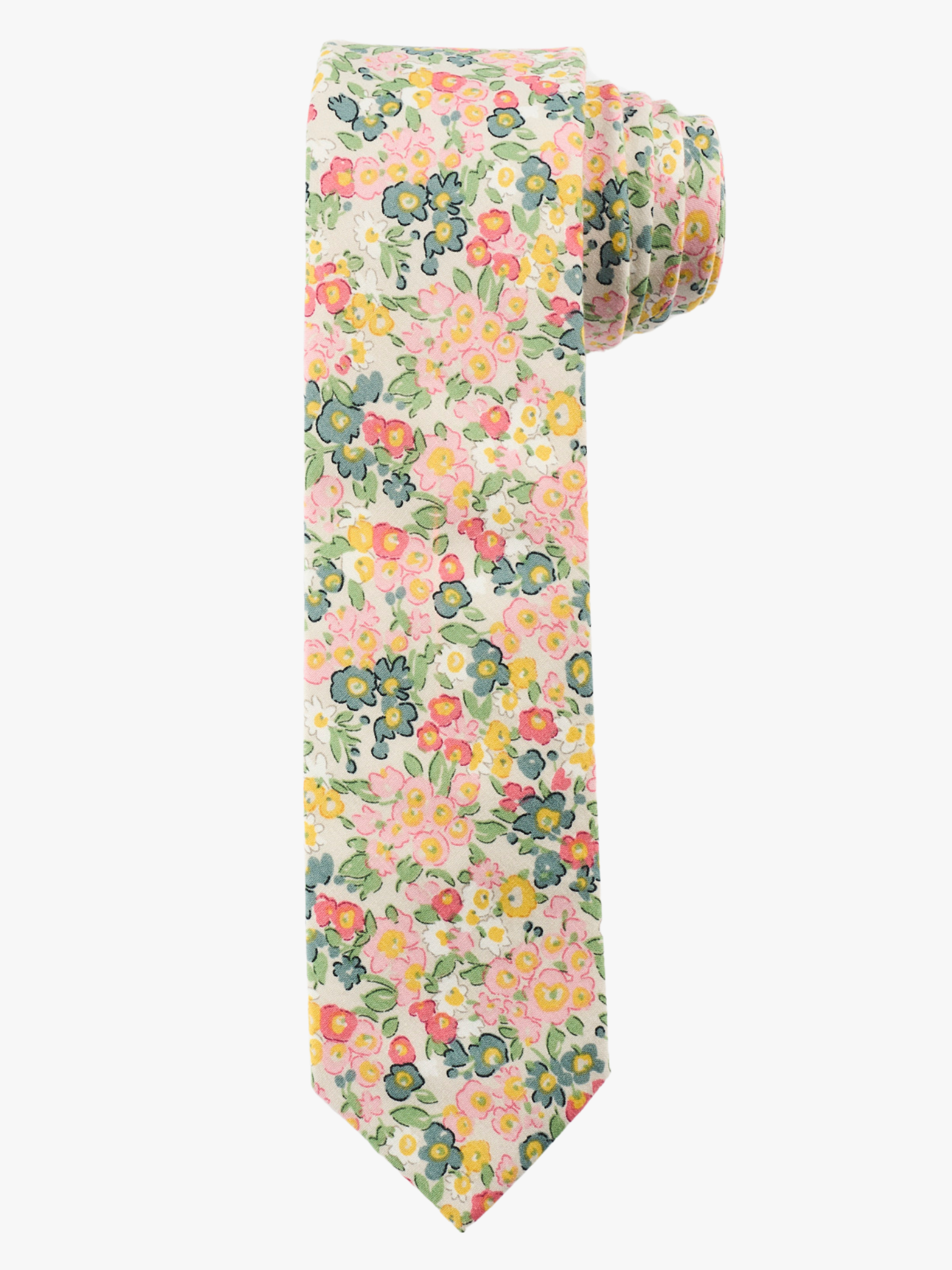 A rolled up white and pink floral cotton necktie for teens, missionaries, men, and women.