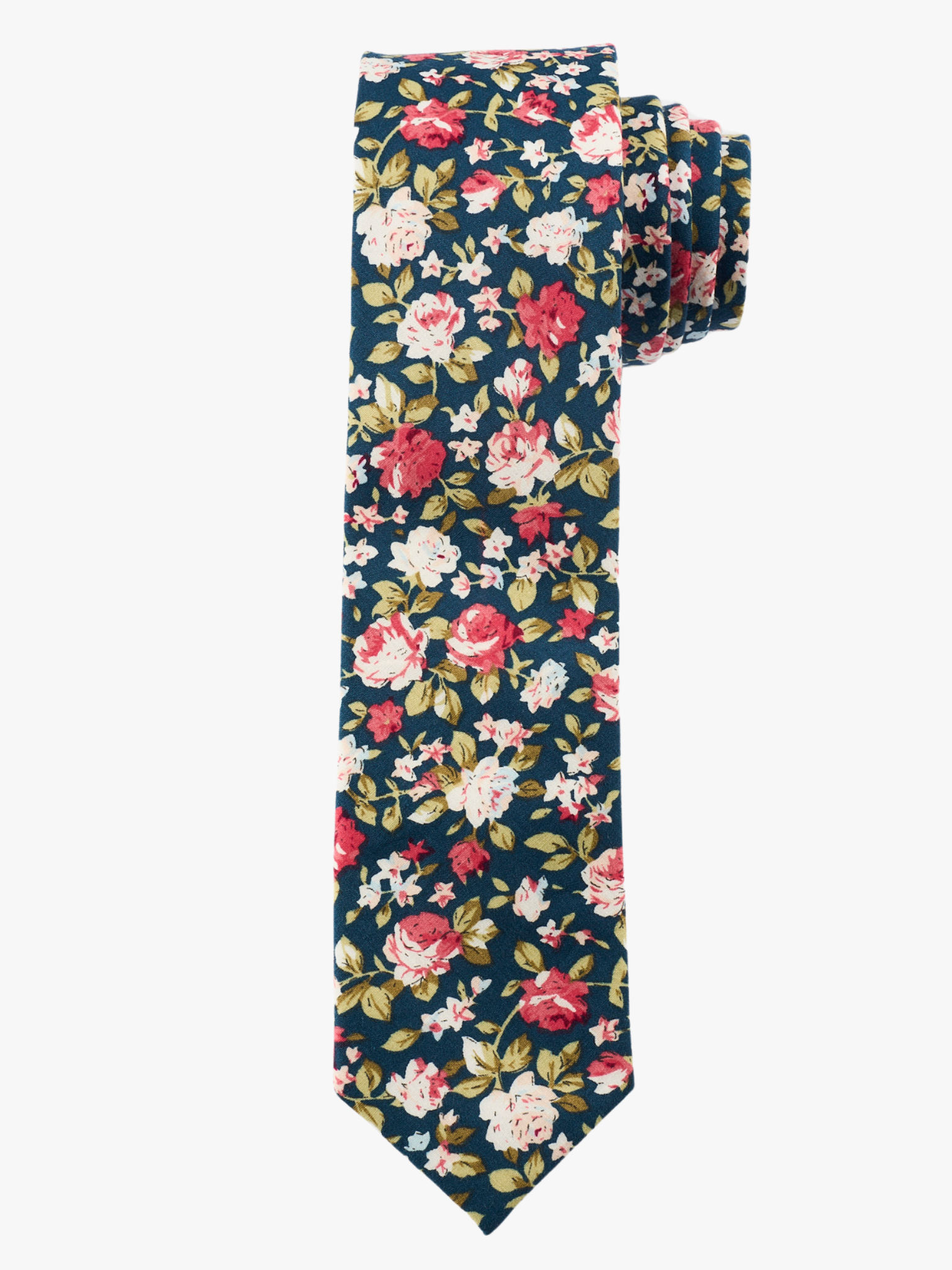 A rolled up navy, red, and pink floral cotton necktie for teens, missionaries, men, and women.