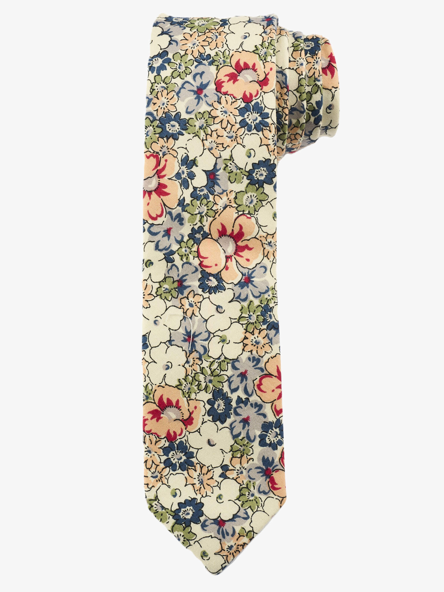 A rolled up peach, white, and blue floral cotton necktie for teens, missionaries, men, and women.