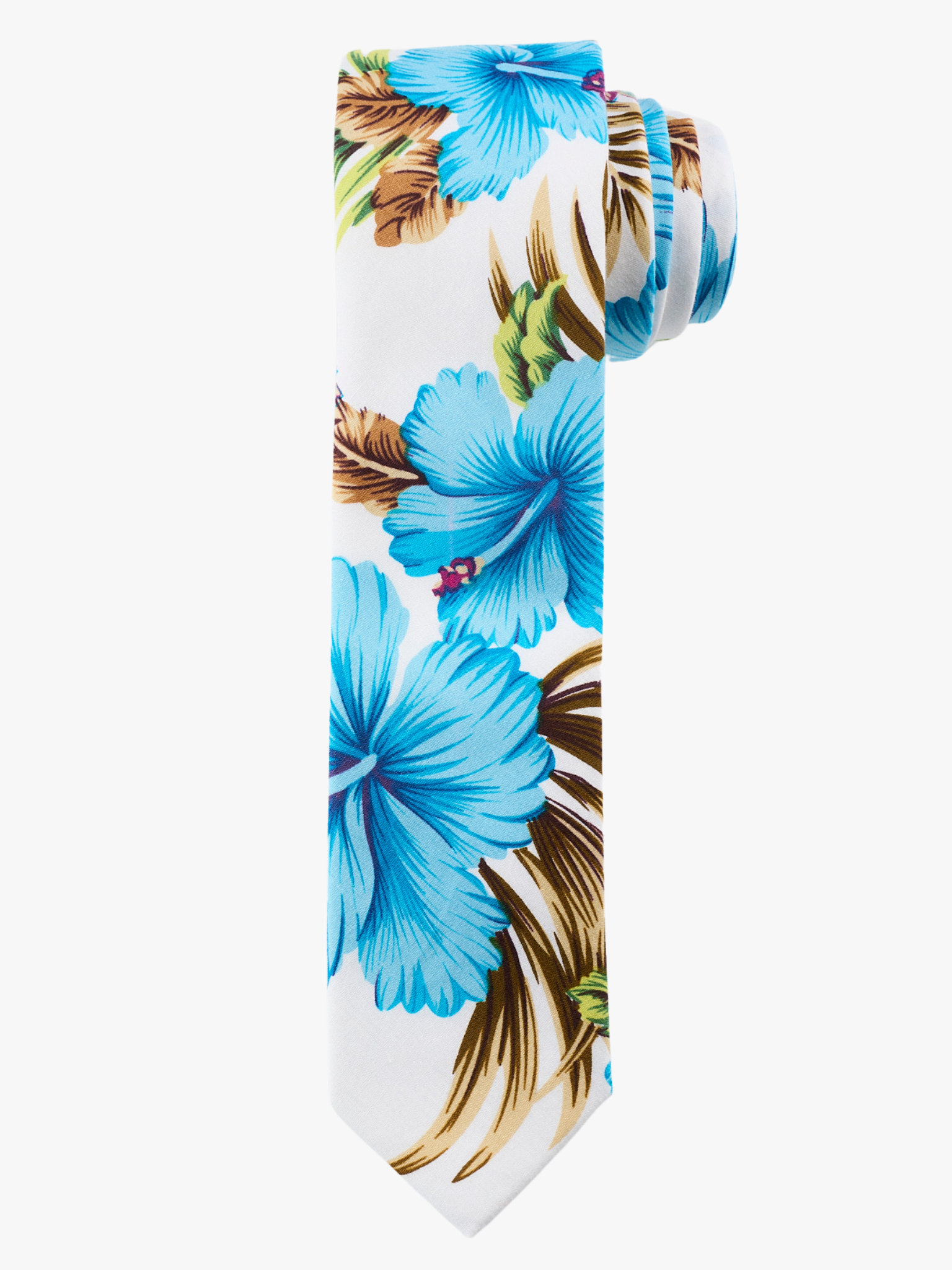 A rolled up white and blue floral cotton necktie for teens, missionaries, men, and women.