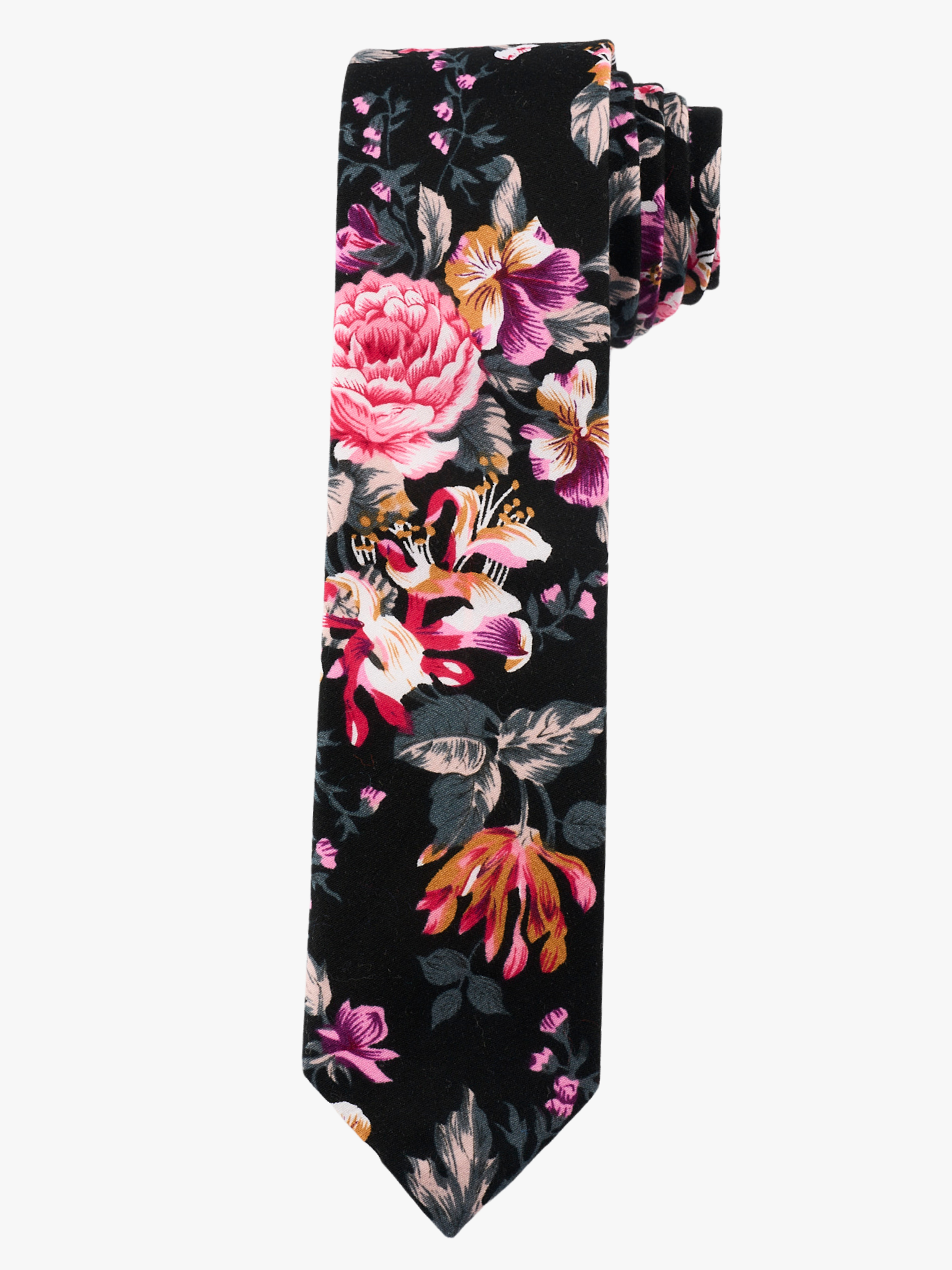 A rolled up black and pink floral cotton necktie for teens, missionaries, men, and women.