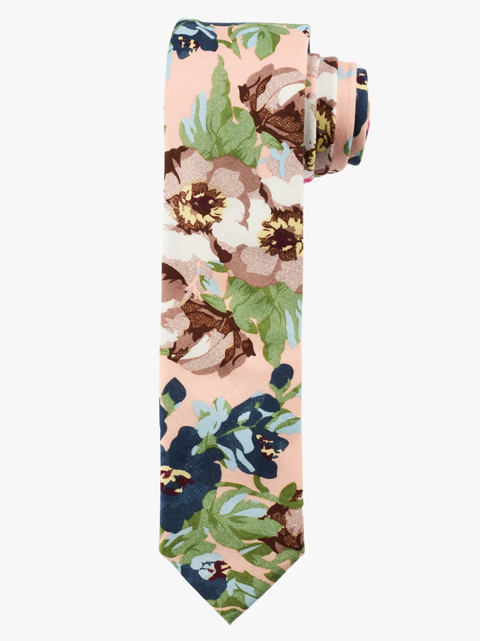 A rolled up pink, green, and blue floral cotton necktie for teens, missionaries, men, and women.