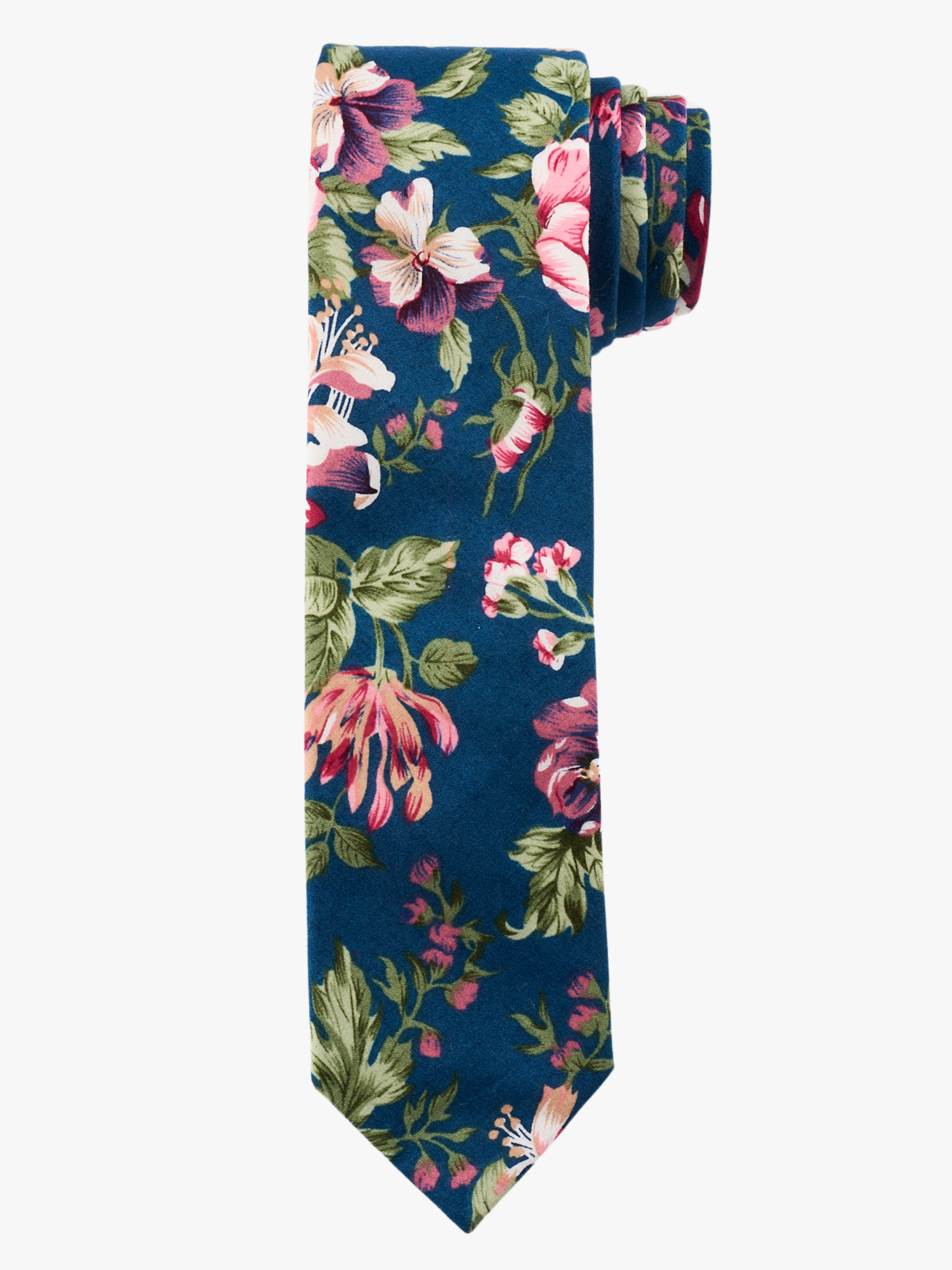 A rolled up navy, green, and pink floral cotton necktie for teens, missionaries, men, and women.