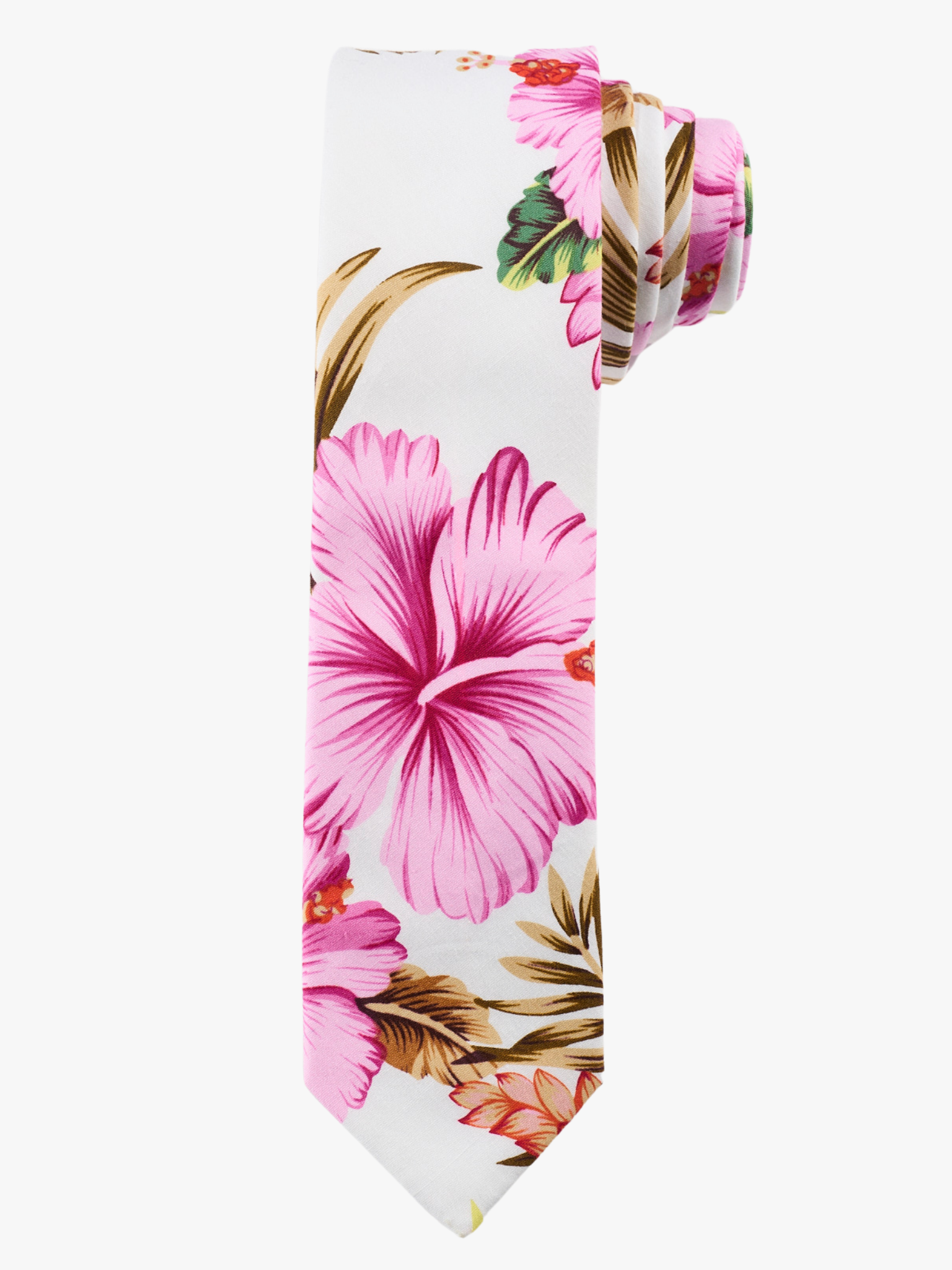 A rolled up white, brown, and pink floral cotton necktie for teens, missionaries, men, and women.