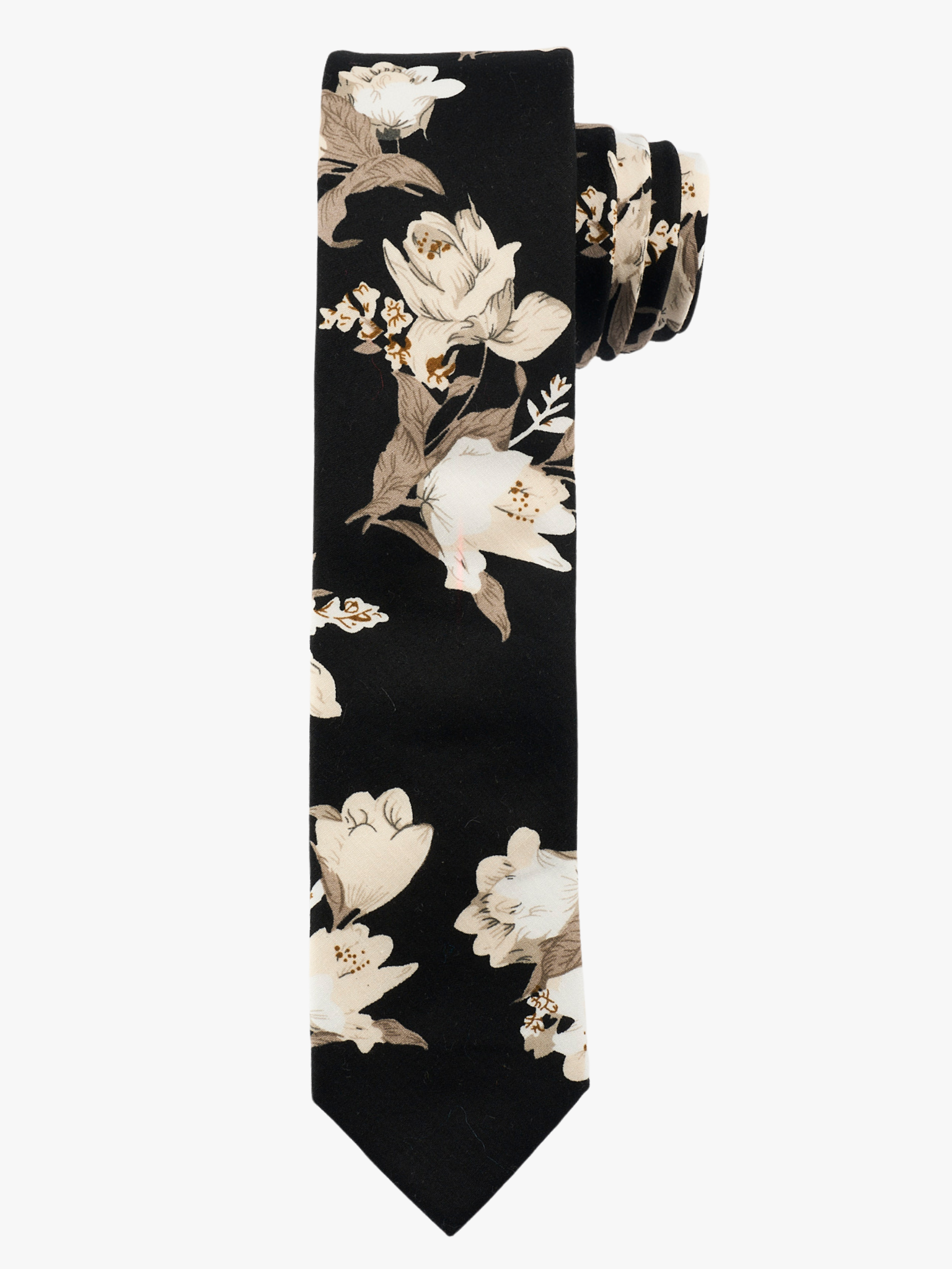 A rolled up black and white floral cotton necktie for teens, missionaries, men, and women.