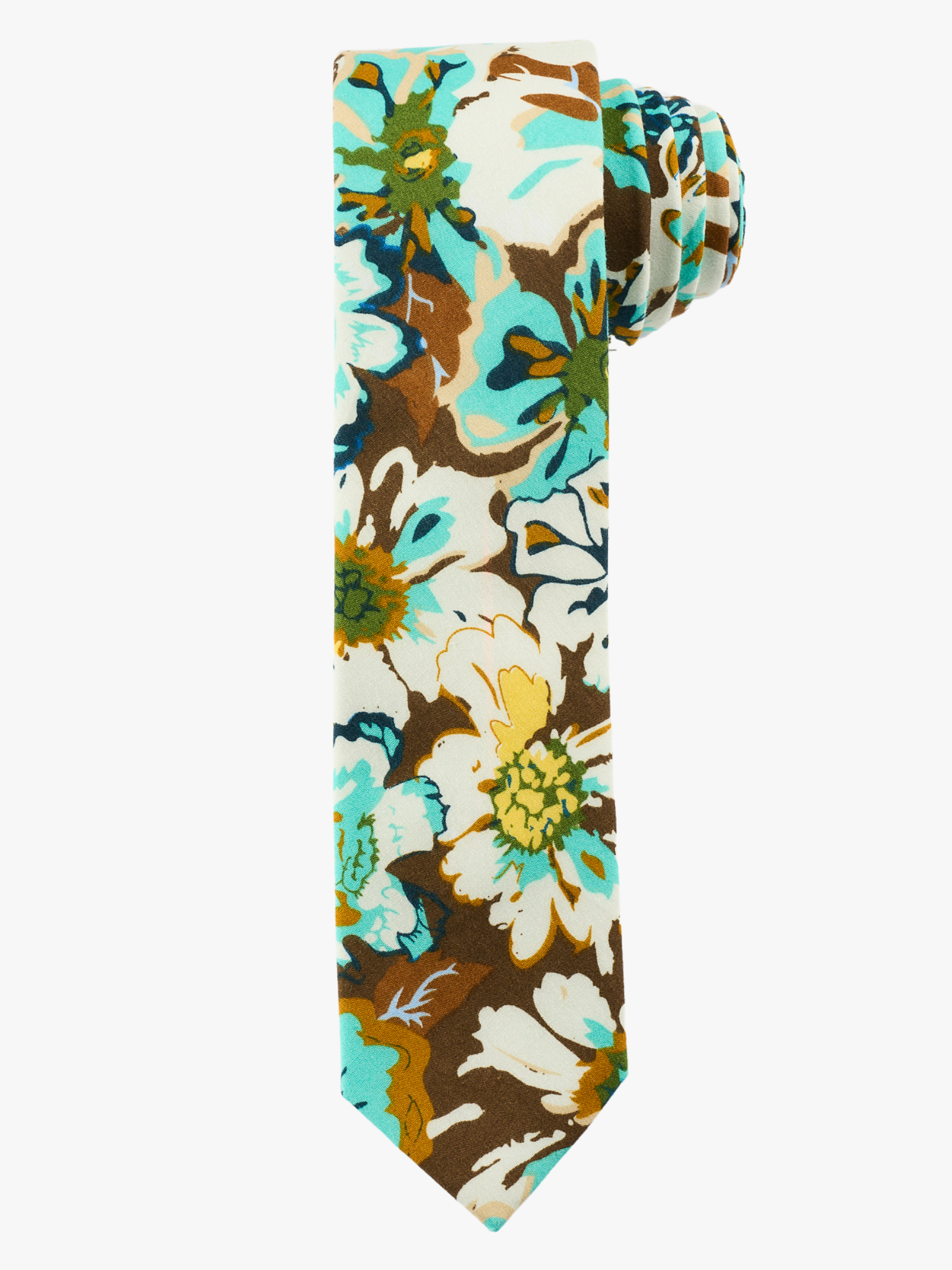 A rolled up brown, yellow, and blue floral cotton necktie for teens, missionaries, men, and women.