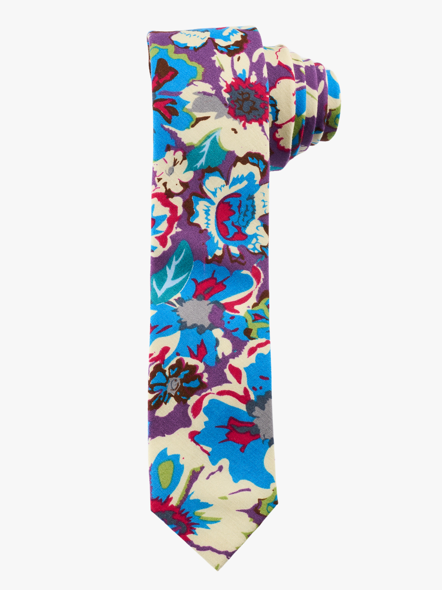 A rolled up purple and blue floral cotton necktie for teens, missionaries, men, and women.