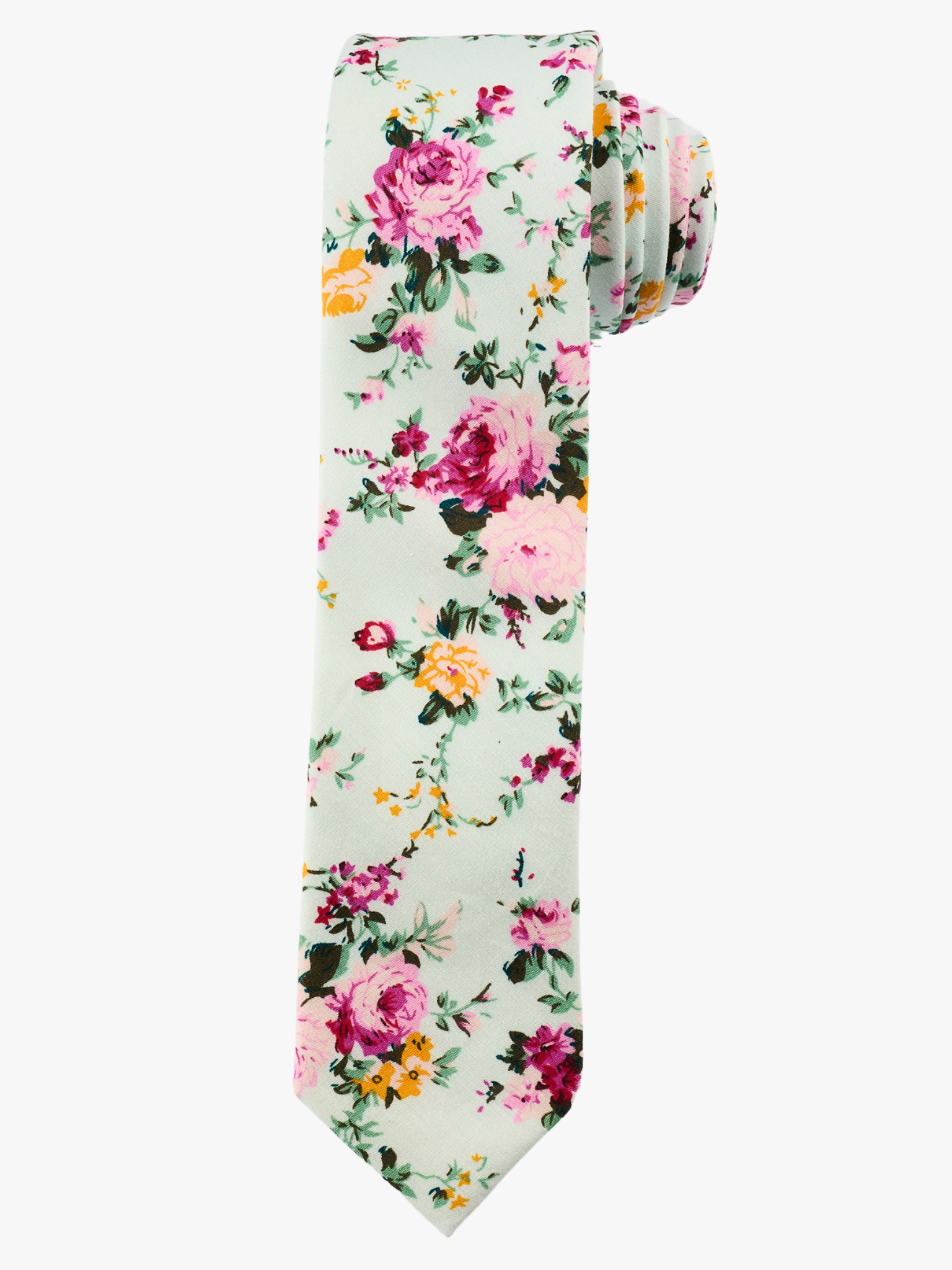 A rolled up mint and pink floral cotton necktie for teens, missionaries, men, and women.