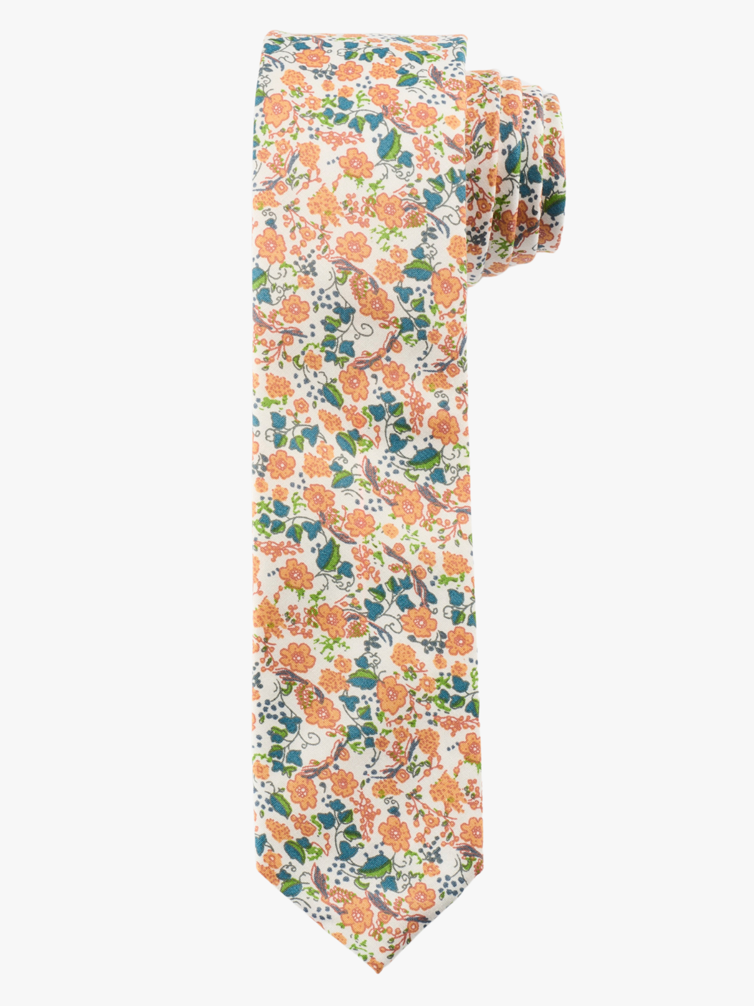 A rolled up white, blue  and orange floral cotton necktie for teens, missionaries, men, and women.