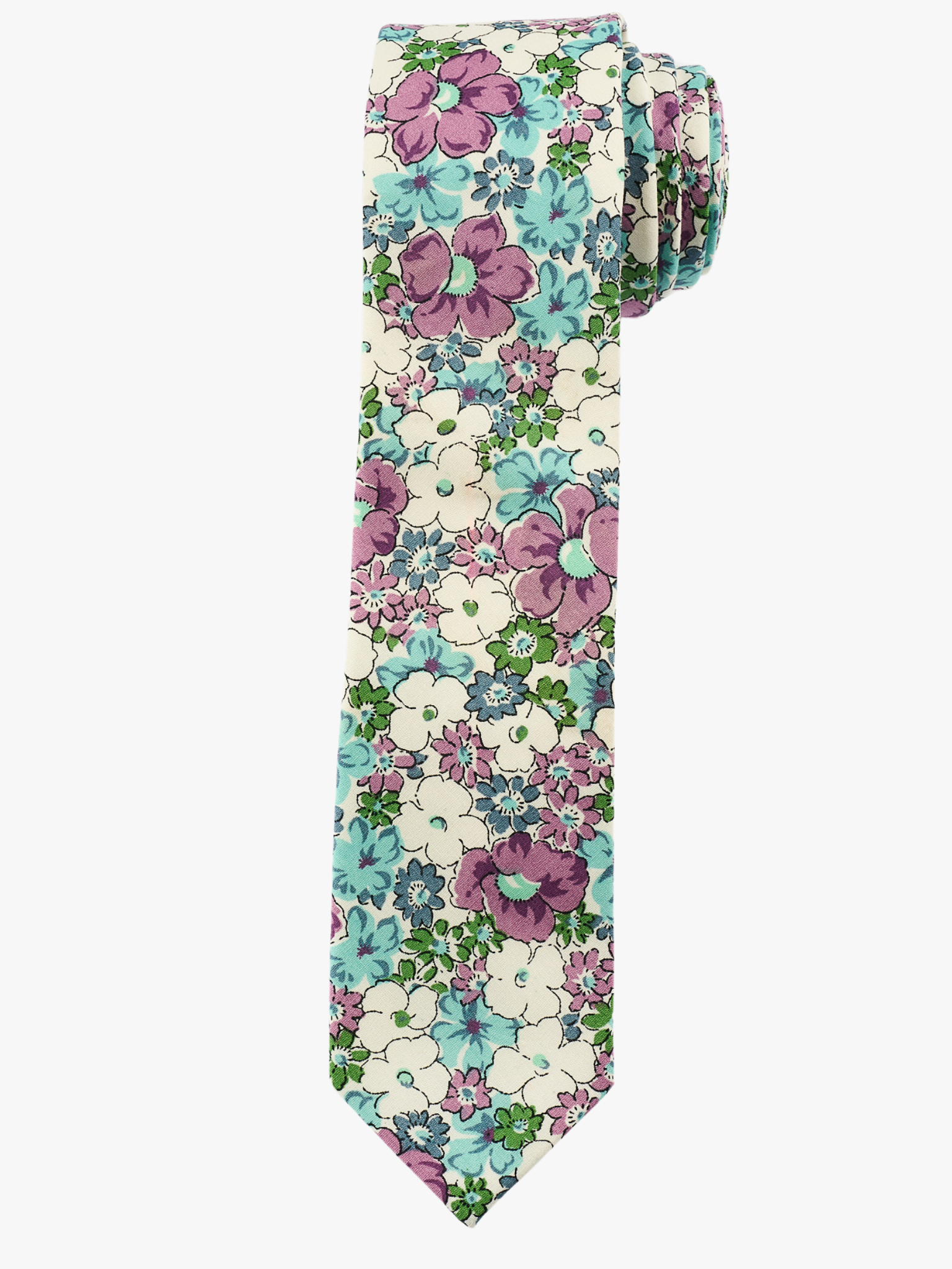 A rolled up purple, white, and blue floral cotton necktie for teens, missionaries, men, and women.