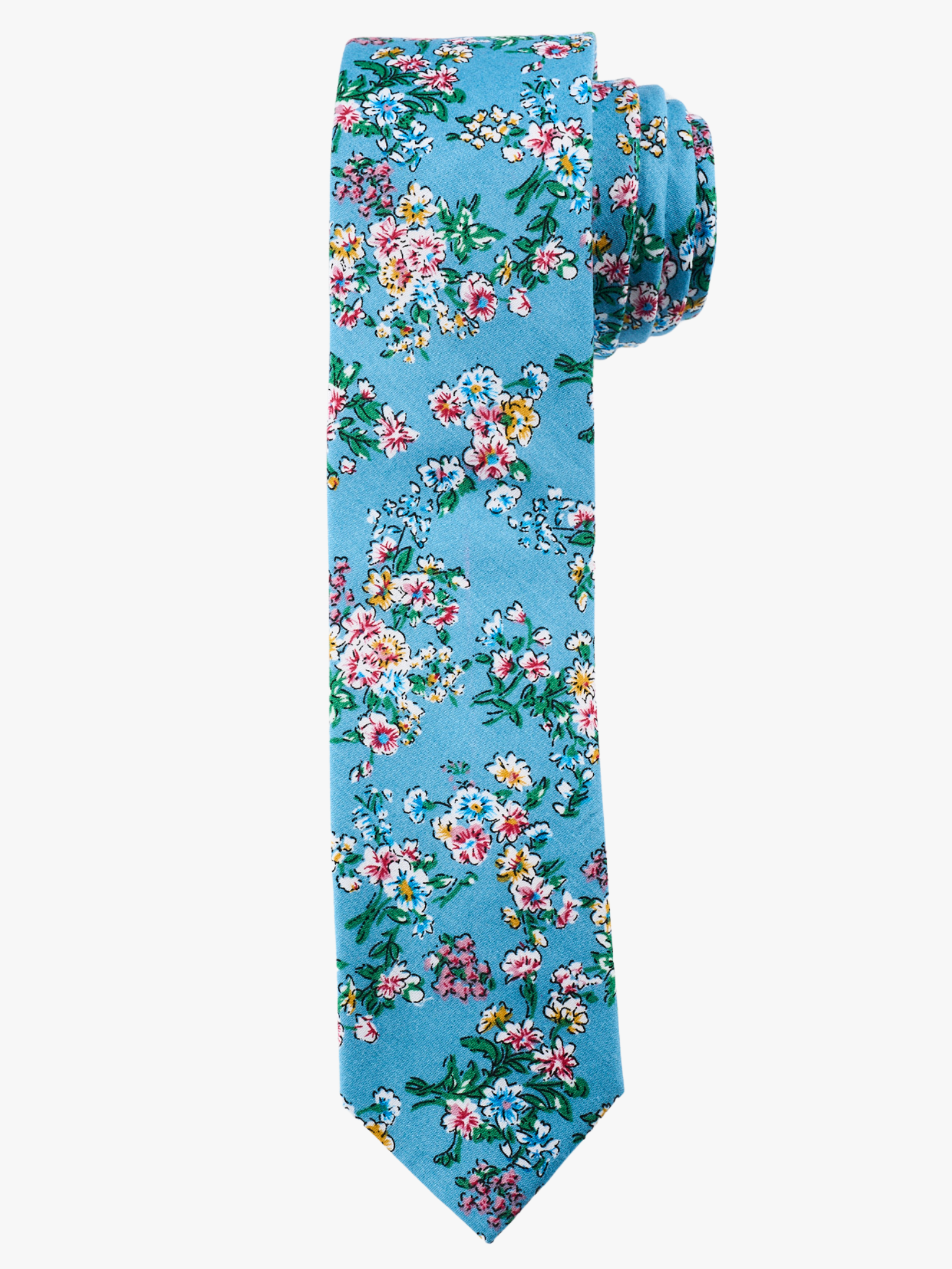 A rolled up blue and purple floral cotton necktie for teens, missionaries, men, and women.