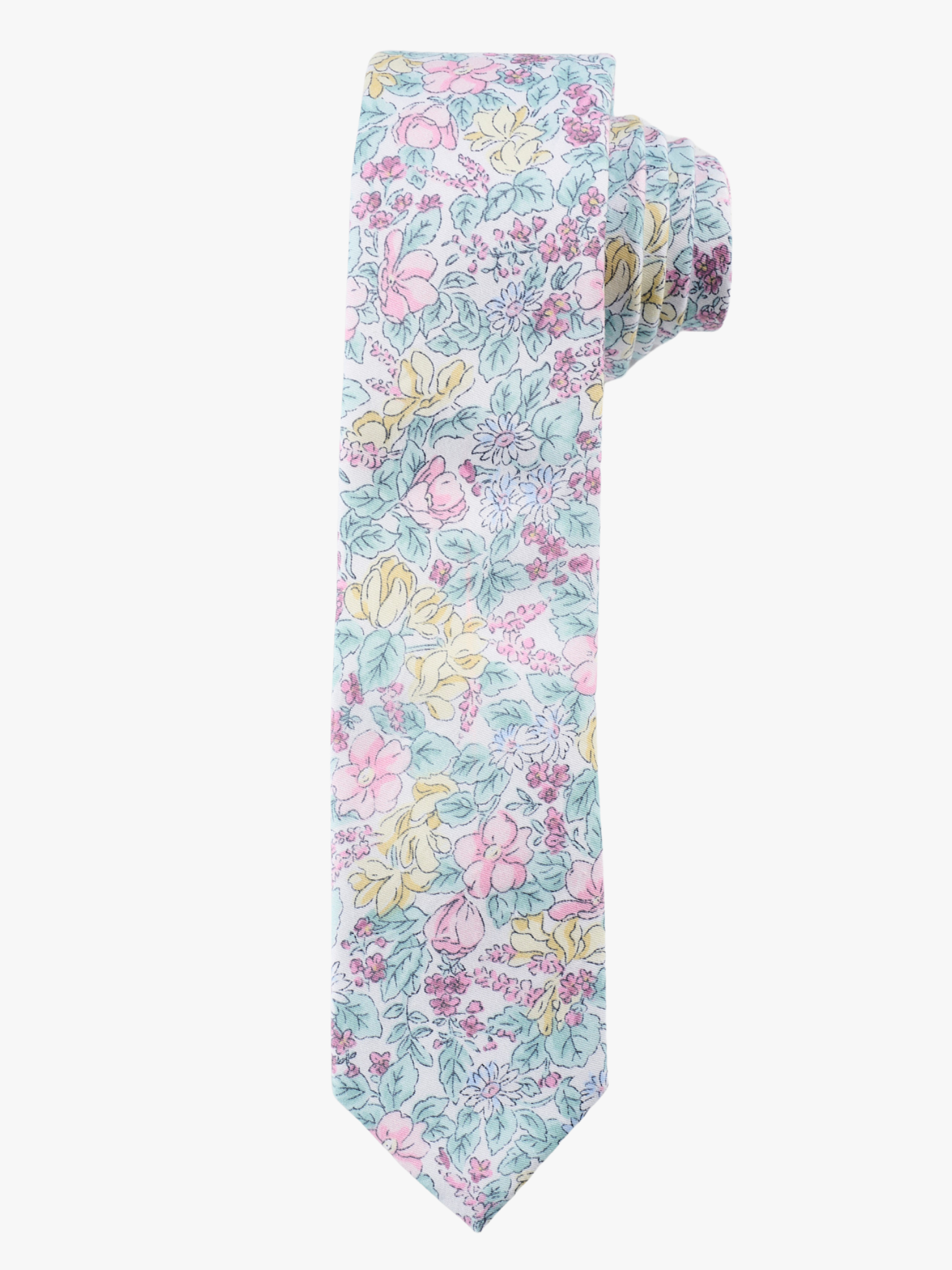 A rolled up pastel blue and purple floral cotton necktie for teens, missionaries, men, and women.